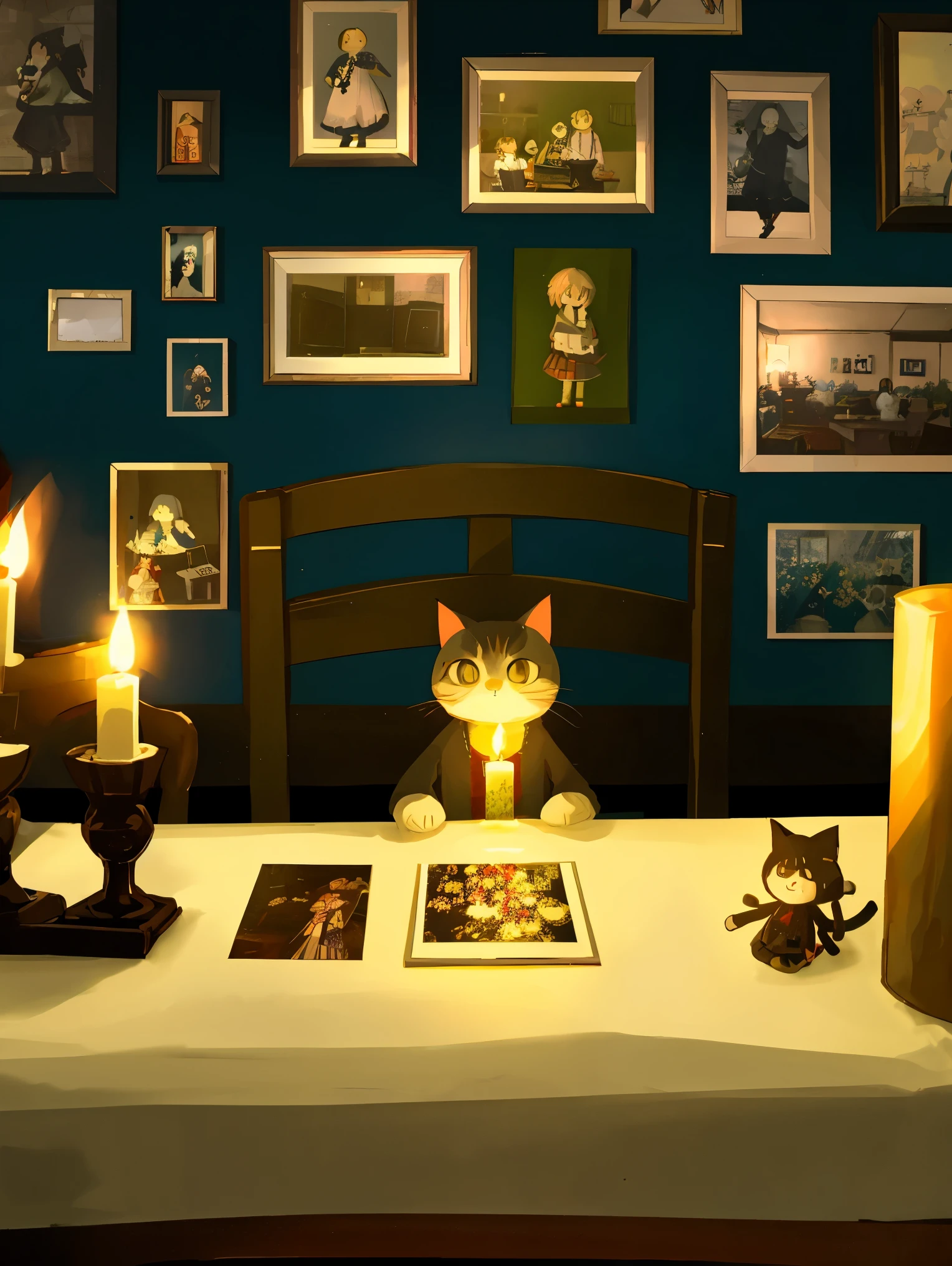 cozy room,There are many photos on the wall,candlelight dinner,A three-flowered cat,detail,Exquisite,Environmental contrast,There are many dolls on the ground