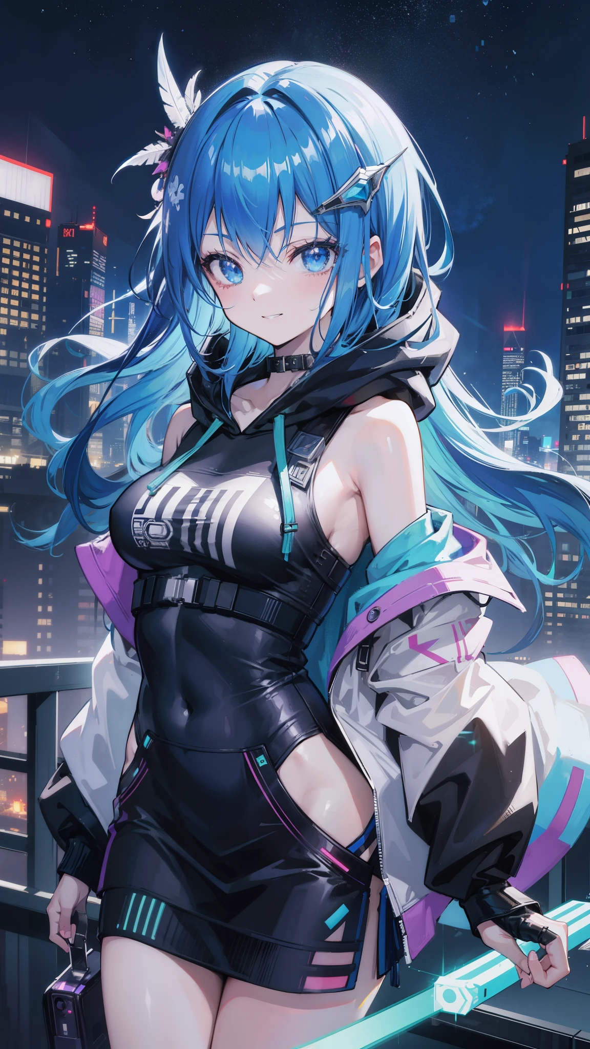 (masutepiece), Best Quality, 超A high resolution,, Cyberpunk 1 girl flies over stunning cityscapes ,Hoodie,Blue hair, neon color流れ星, Very long hair, off shoulders, feathers hair ornament, neon color, flashes, stunning night sky, Cinematic lighting, Photorealistic, Realistic skin, Fisheye, (32k), smile,