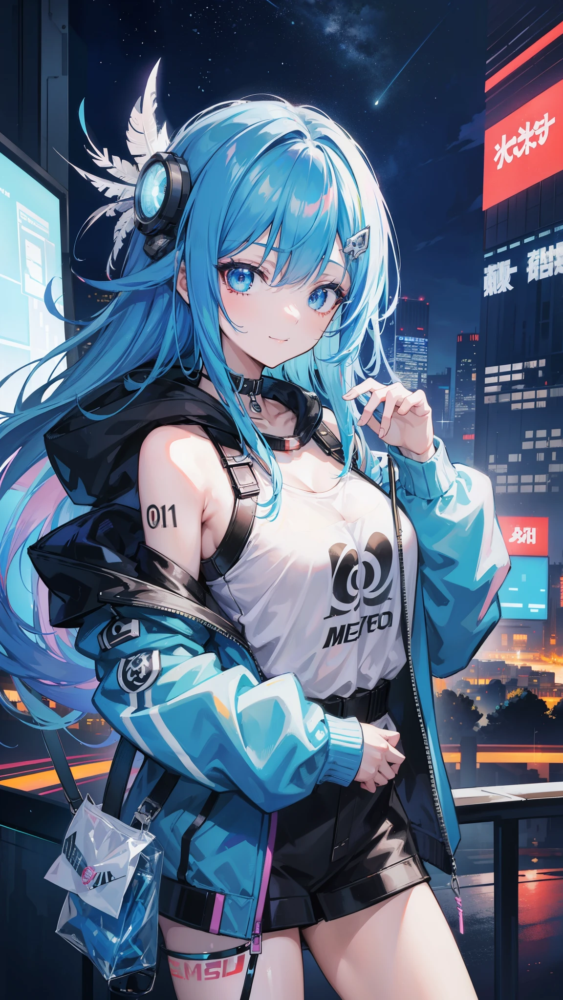 (masutepiece), Best Quality, 超A high resolution,, Cyberpunk 1 girl flies over stunning cityscapes ,Hoodie,Blue hair, neon color流れ星, Very long hair, off shoulders, feathers hair ornament, neon color, flashes, stunning night sky, Cinematic lighting, Photorealistic, Realistic skin, Fisheye, (32k), smile,