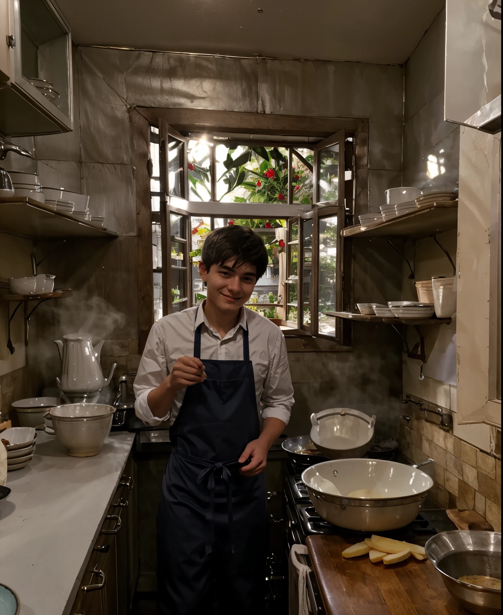 man, 20 years old, cooking, Wear an apron,be happy,The light shines from behind.,8k,