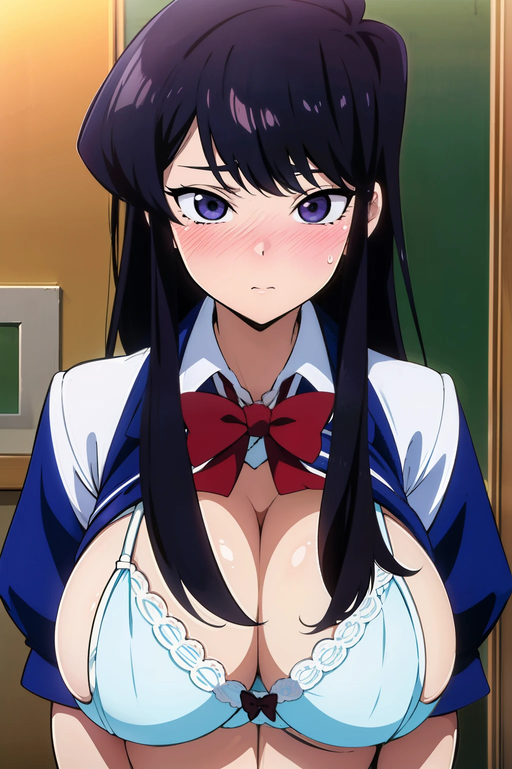 2D, anime cels, best quality, high resolution, official art, Komi Shouko, 1girl, huge breasts, school uniform, white bra, school, (nose blush), embarrassed, long hair, black hair, cowboy shot