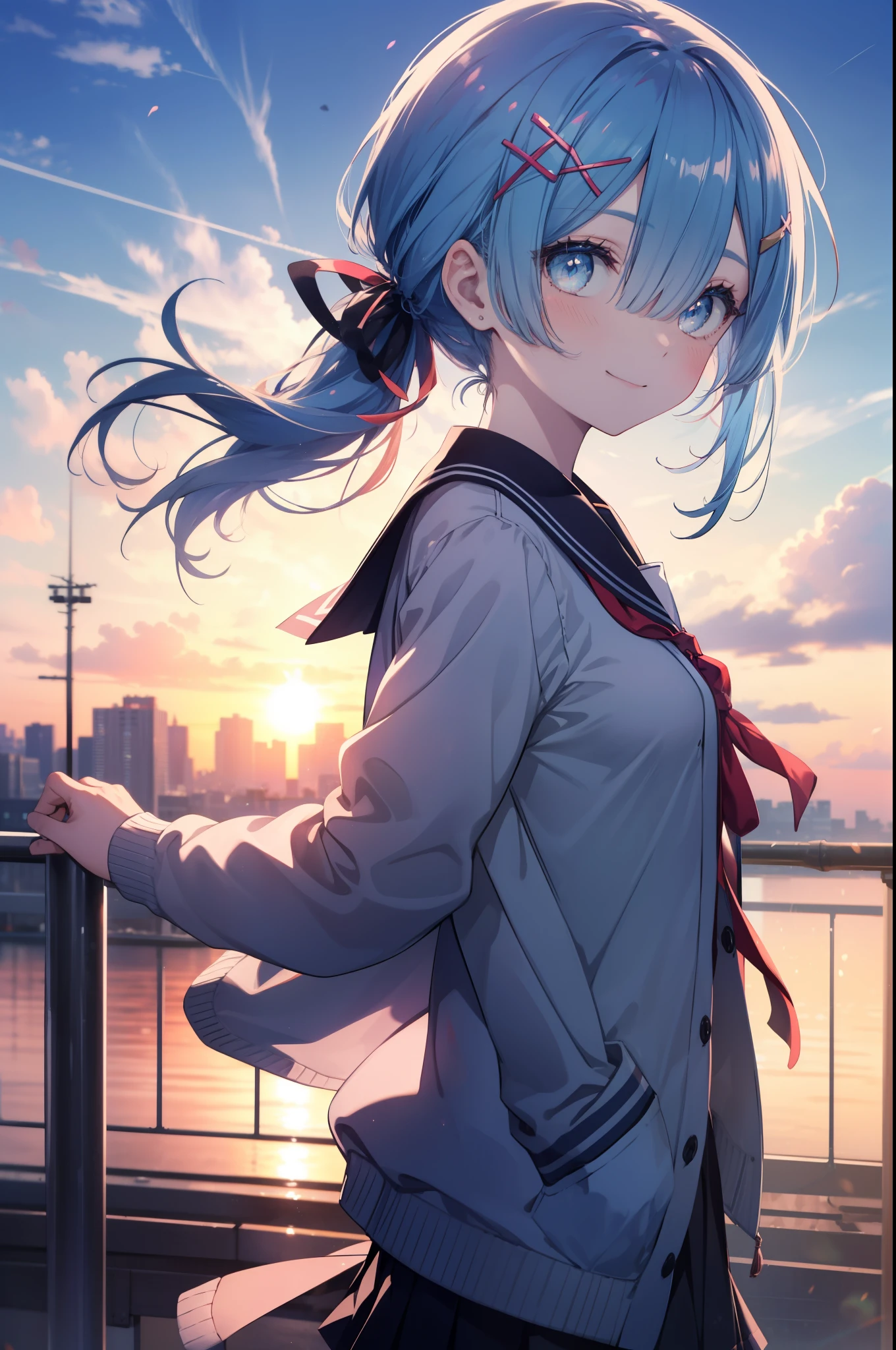 rezeroRem, Rem, blue eyes, blue hair, hair ornaments, hair above one eye, hair ribbon, long hair, x hair ornaments,side ponytail,blush,smile,japanese high school girl uniform(sailor summer clothes),blue summer cardigan,black pleated skirt,white knee high socks,brown loafers,evening,sunset,下校中
break outdoors, In town,building street,
break looking at viewer,
break (masterpiece:1.2), highest quality, High resolution, unity 8k wallpaper, (figure:0.8), (detailed and beautiful eyes:1.6), extRemely detailed face, perfect lighting, extRemely detailed CG, (perfect hands, perfect anatomy),