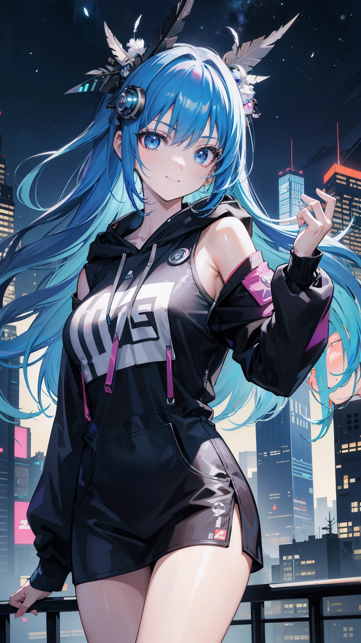 (masutepiece), Best Quality, 超A high resolution,, Cyberpunk 1 girl flies over stunning cityscapes ,Hoodie,Blue hair, neon color流れ星, Very long hair, off shoulders, feathers hair ornament, neon color, flashes, stunning night sky, Cinematic lighting, Photorealistic, Realistic skin, Fisheye, (32k), smile,