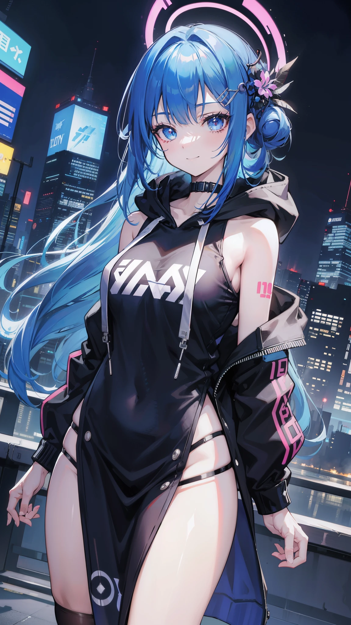 (masutepiece), Best Quality, 超A high resolution,, Cyberpunk 1 girl flies over stunning cityscapes ,Hoodie,Blue hair, neon color流れ星, Very long hair, off shoulders, feathers hair ornament, neon color, flashes, stunning night sky, Cinematic lighting, Photorealistic, Realistic skin, Fisheye, (32k), smile,