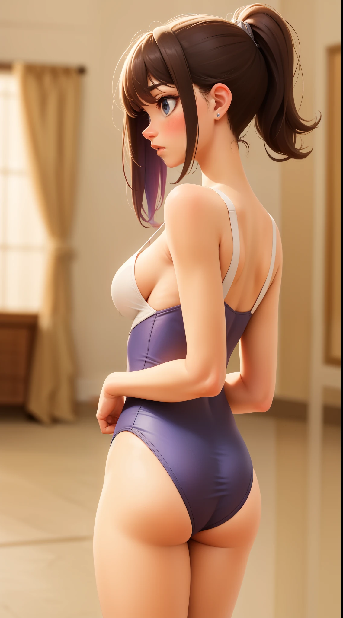 slim soft body, long brown hair with purple highlights, ponytail, blue eyes, blush, black eyeliner, leotard, sparkling