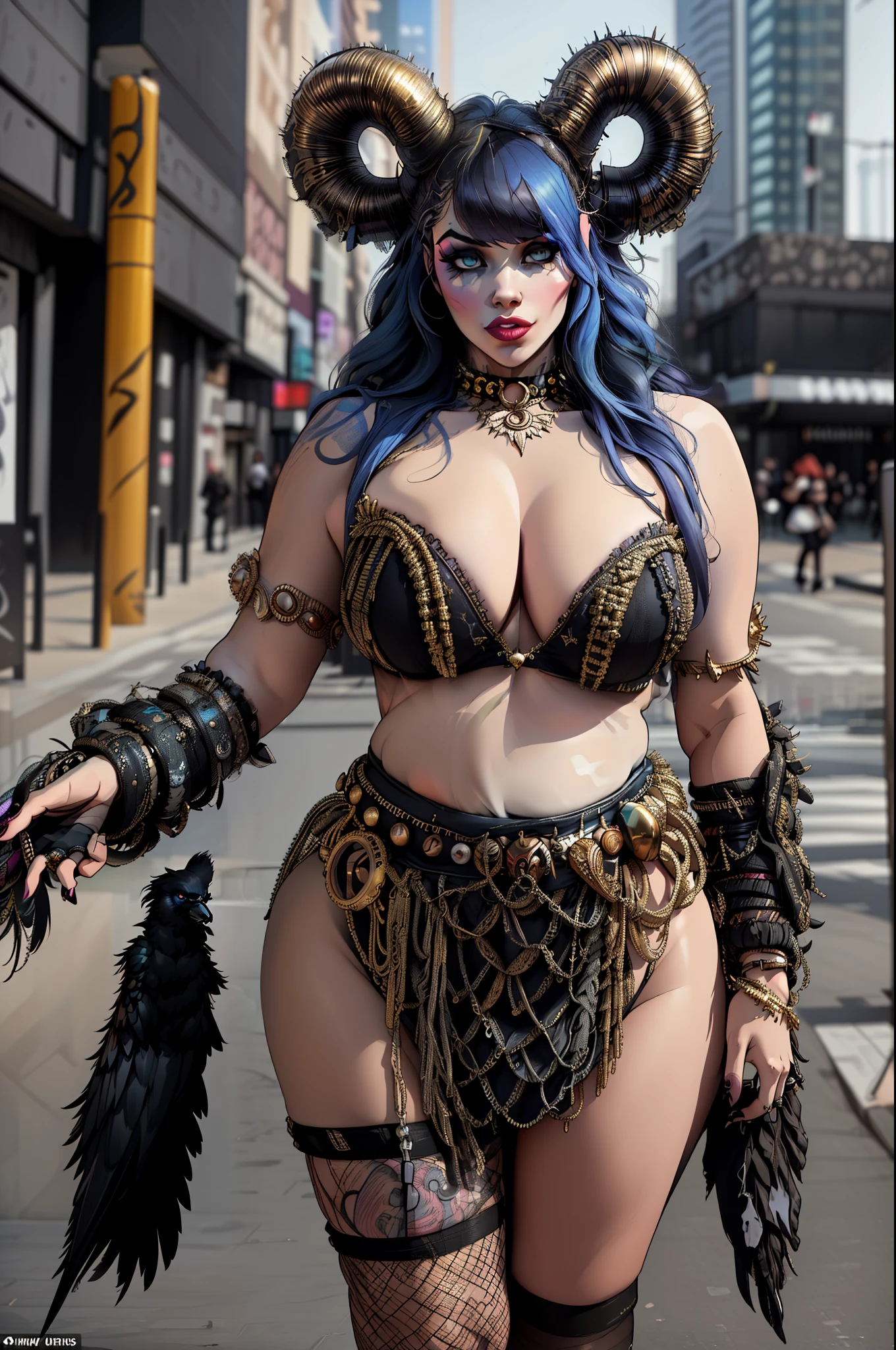 (masterpiece:1.2, best quality), (real picture, intricate details), (1lady, solo, curvy upper body, big ) The clothes are gold ar:avant-garde,avant-garde,Experiment with appearance:curlies,Dramatic makeup,Unconventional fashion choice behavior:rebelliousness、non-conformist、Provocation location:demon eyes,urban art district、Underground music venues Hobbies:Particiwpation in punk shows、creating mixed media art、Try different subcultural values:individuality、Realiy、Creative expression of inspiration:Punk rock music、Counterculture icons,Avant-garde art movement character traits:boldness、boldness、act outside the box。with a raven