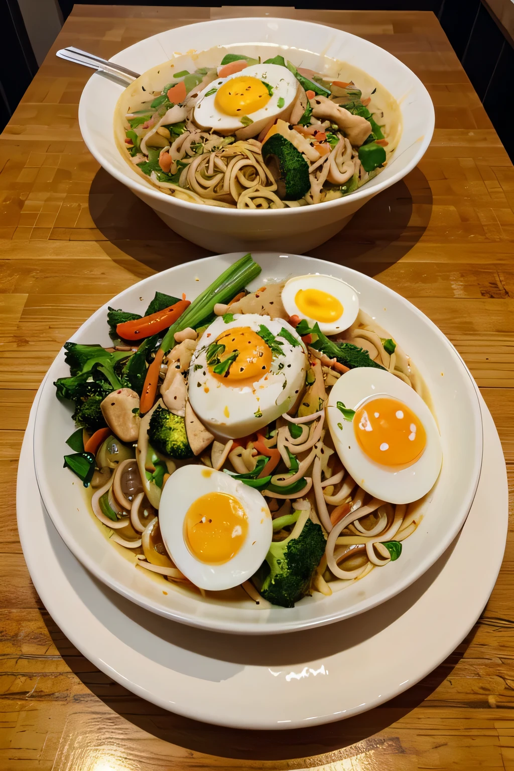le, delicious cooked and steamed food, noodles, egg, vegetables, chicken, steam,