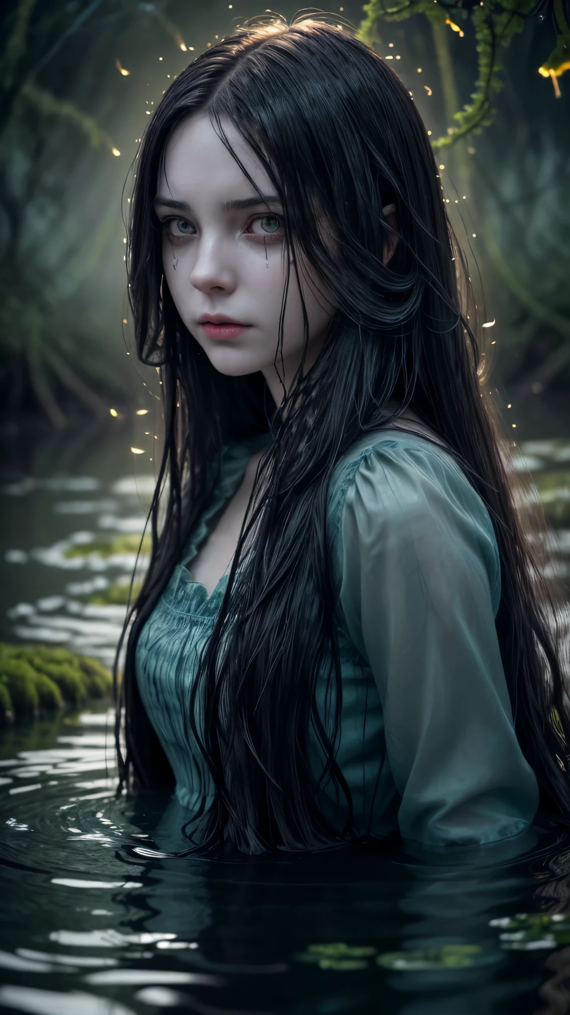 zrpgstyle, from_side from_below beautiful scary woman made of water (sadness expression:1.2) woman with (long water hair:1.2) rising out of the water moss smoke vines churning water fireflies midnight moonlight backlight (masterpiece:1.2) (best quality) (detailed) (intricate) (8k) (HDR) (wallpaper) (cinematic lighting) (sharp focus)