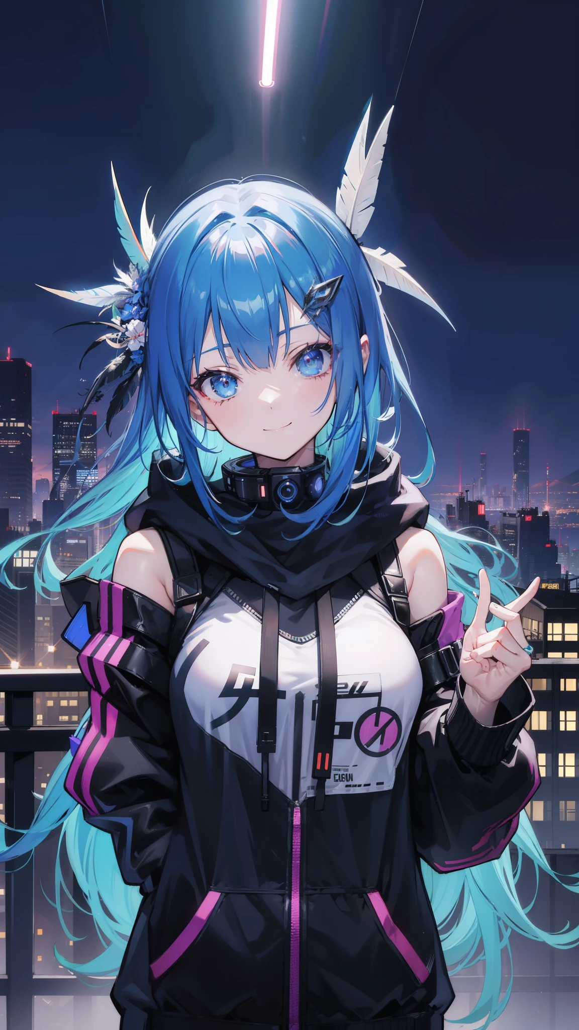 (masutepiece), Best Quality, 超A high resolution,, Cyberpunk 1 girl flies over stunning cityscapes ,Hoodie,Blue hair, neon color流れ星, Very long hair, off shoulders, feathers hair ornament, neon color, flashes, stunning night sky, Cinematic lighting, Photorealistic, Realistic skin, Fisheye, (32k), smile,