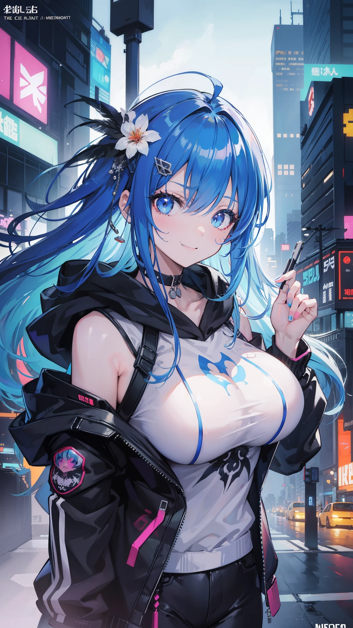 (masutepiece), Best Quality, 超A high resolution,, Cyberpunk 1 girl flies over stunning cityscapes ,Hoodie,Blue hair, neon color流れ星, Very long hair, off shoulders, feathers hair ornament, neon color, flashes, stunning night sky, Cinematic lighting, Photorealistic, Realistic skin, Fisheye, (32k), smile,