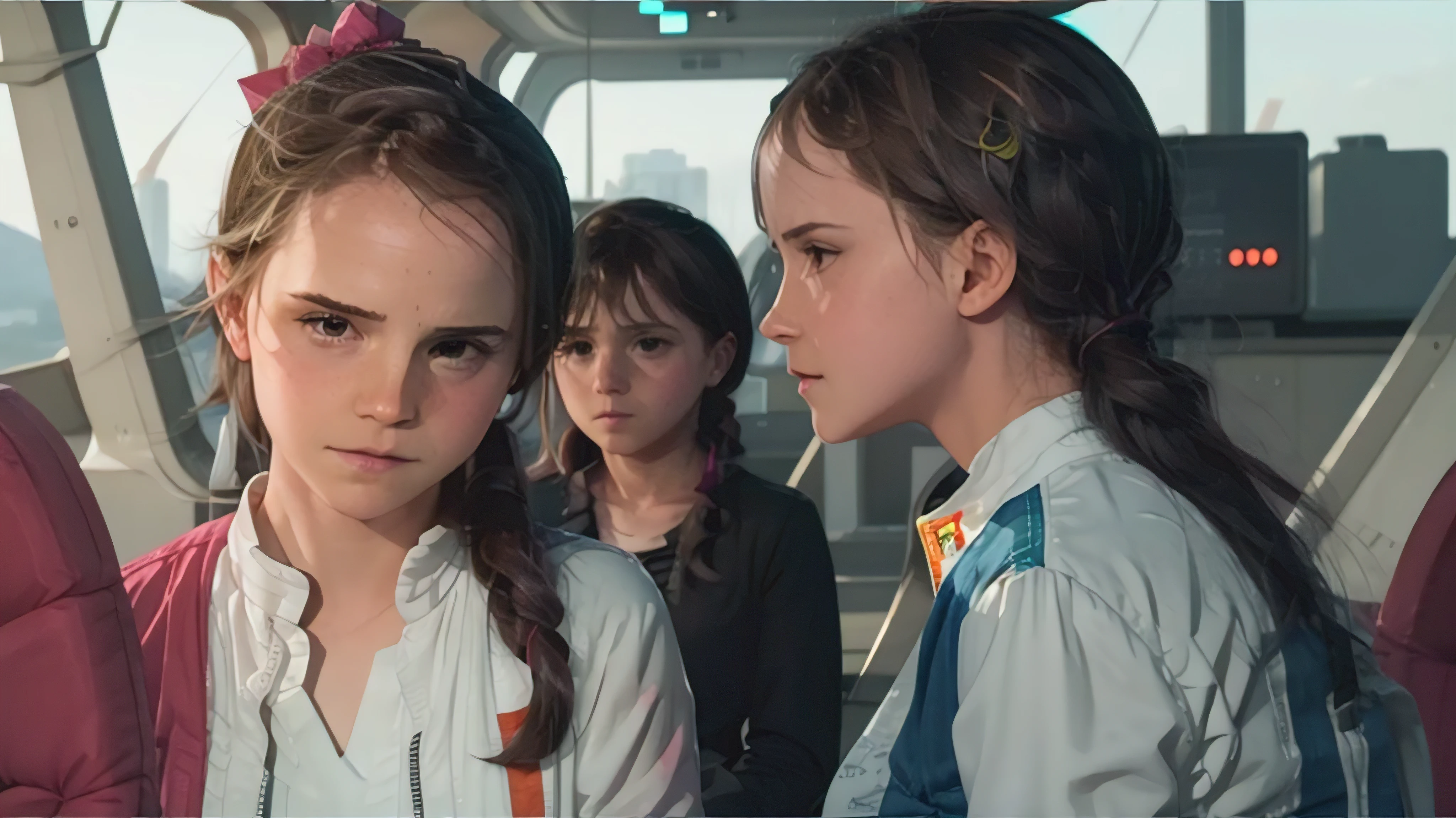 ((Emma Watson)) and ((Greta Thunberg)) in open white jumpsuits with blue and orange patches are standing on the bridge of a starship discussing another starship that can be seen on the bridges screens
