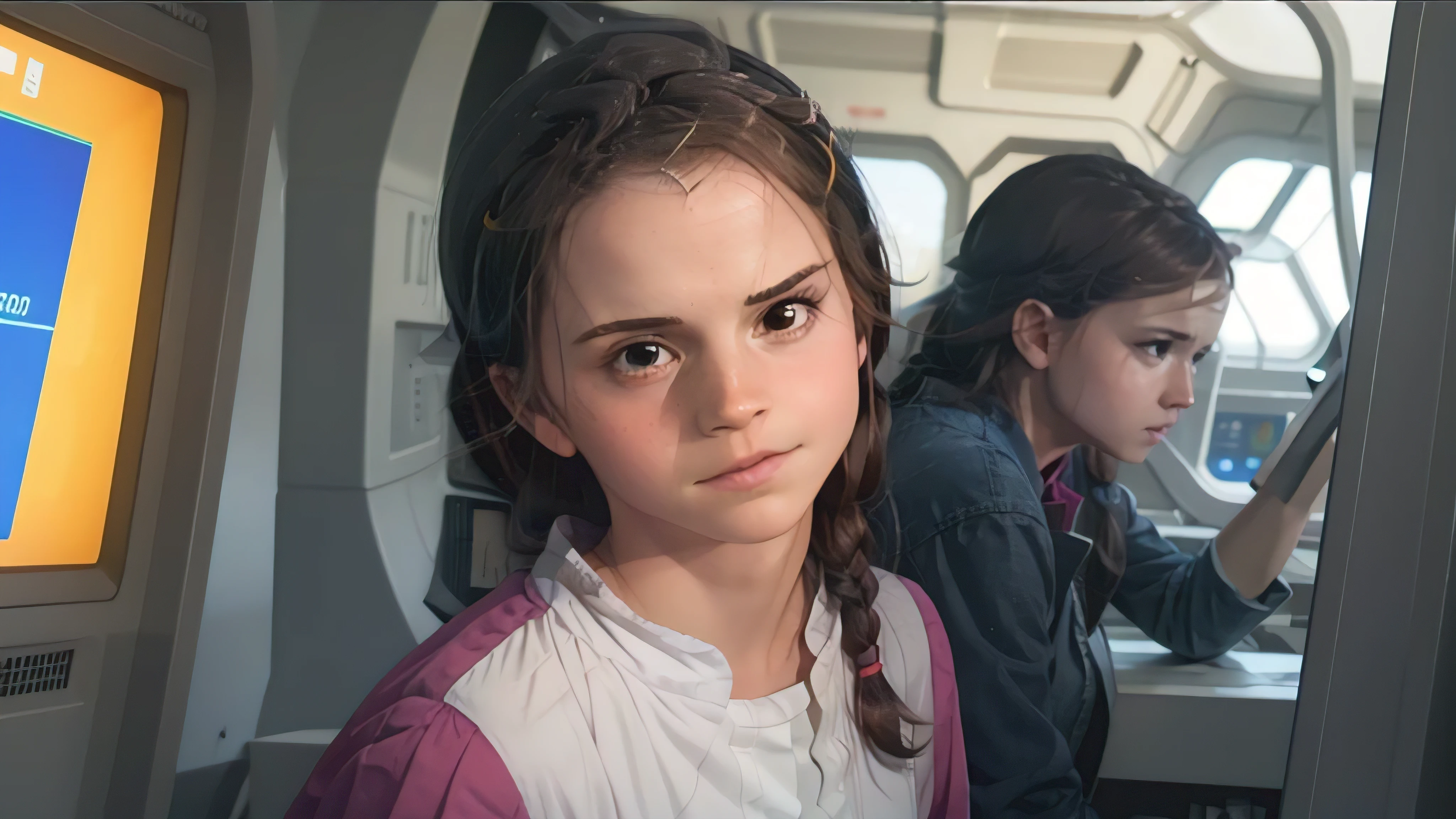 ((Emma Watson)) and ((Greta Thunberg)) in open white jumpsuits with blue and orange patches are standing on the bridge of a starship discussing another starship that can be seen on the bridges screens
