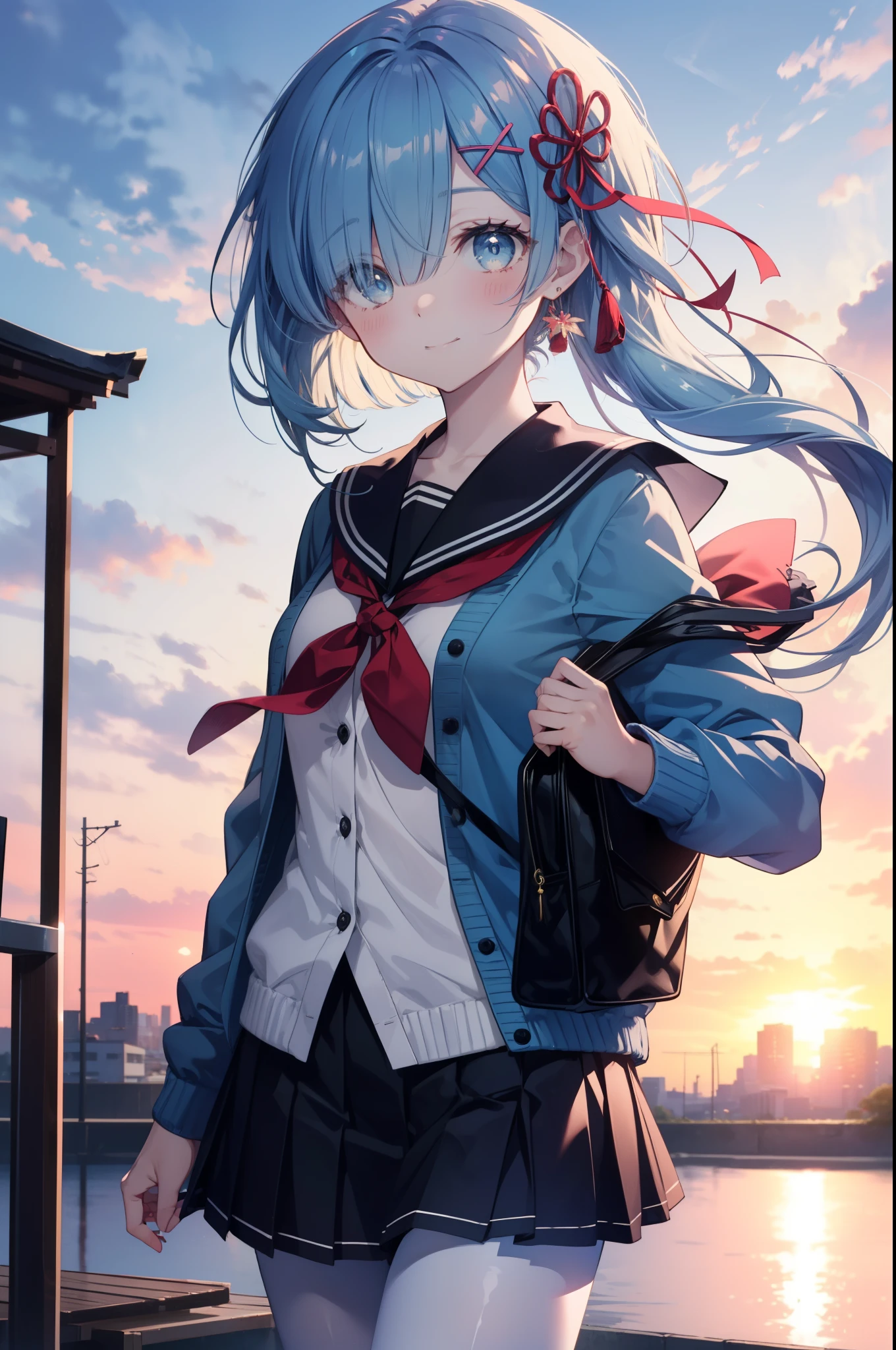 rezeroRem, Rem, blue eyes, blue hair, hair ornaments, hair above one eye, hair ribbon, long hair, x hair ornaments,side ponytail,blush,smile,japanese high school girl uniform(sailor summer clothes),blue summer cardigan There is an open front,black pleated skirt,white pantyhose,brown loafers,evening,sunset,下校中
break outdoors, In town,building street,
break looking at viewer looking up from below, (cowboy shot:1. 5)
break (masterpiece:1.2), highest quality, High resolution, unity 8k wallpaper, (figure:0.8), (detailed and beautiful eyes:1.6), extRemely detailed face, perfect lighting, extRemely detailed CG, (perfect hands, perfect anatomy),