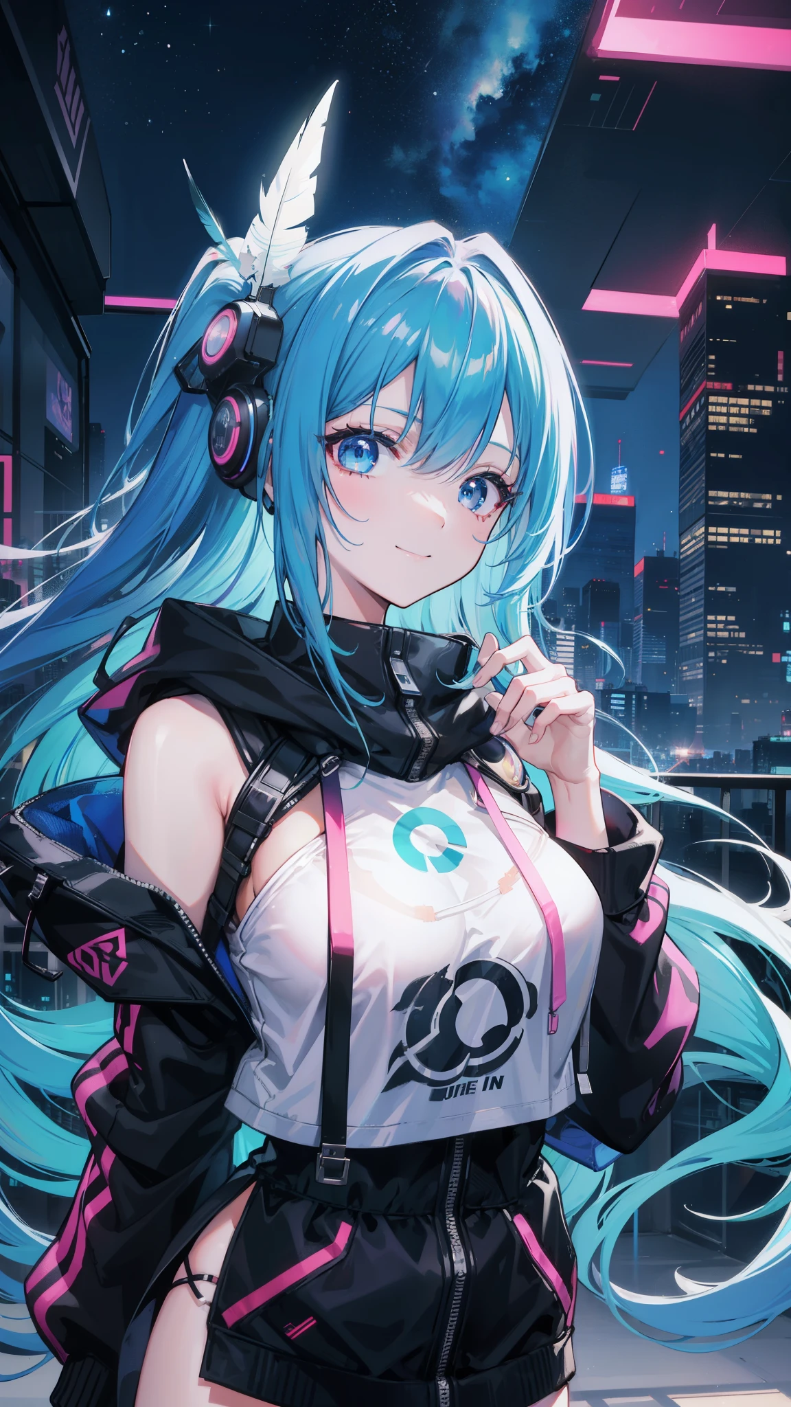 (masutepiece), Best Quality, 超A high resolution,, Cyberpunk 1 girl flies over stunning cityscapes ,Hoodie,Blue hair, neon color流れ星, Very long hair, off shoulders, feathers hair ornament, neon color, flashes, stunning night sky, Cinematic lighting, Photorealistic, Realistic skin, Fisheye, (32k), smile,