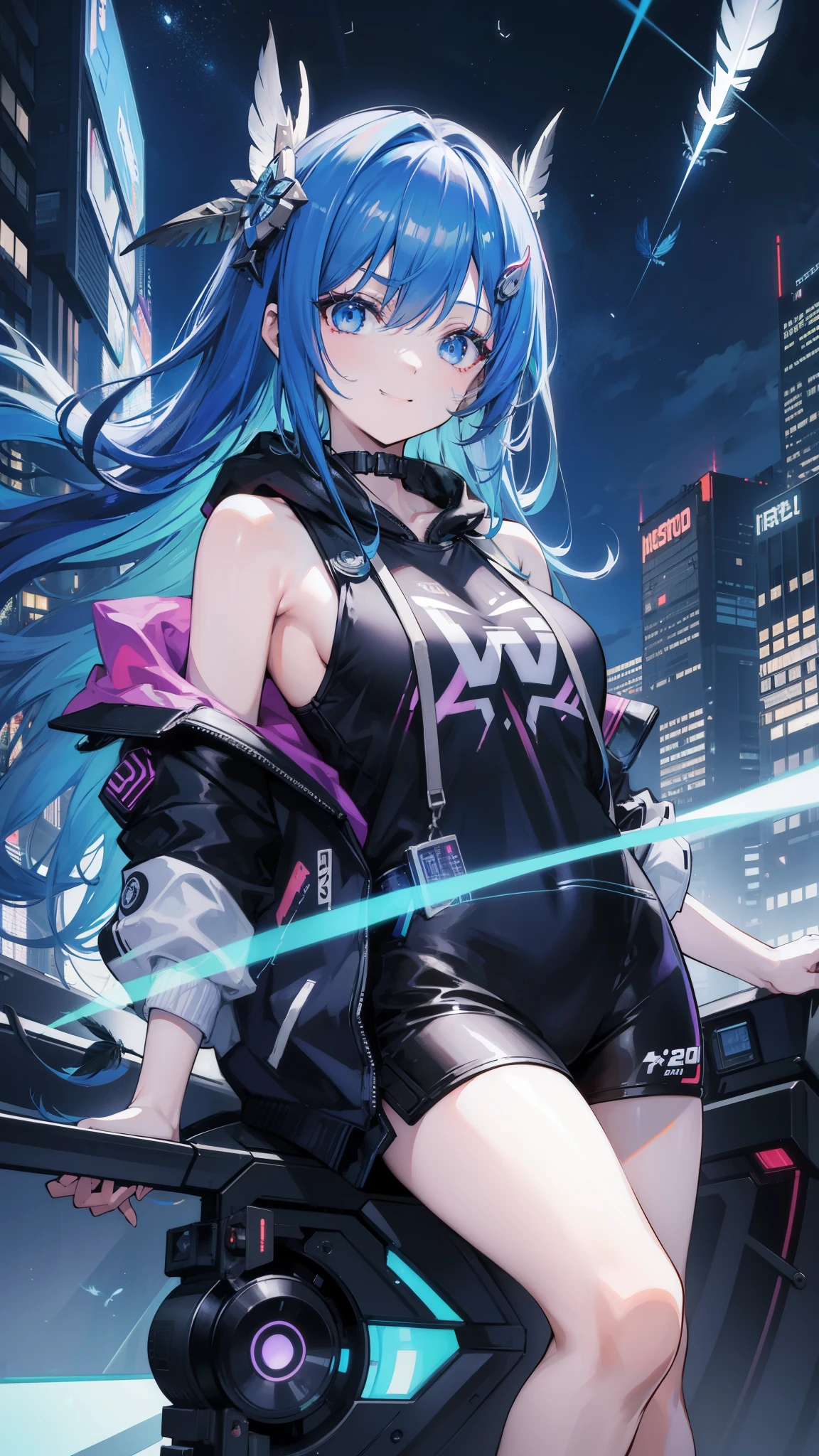 (masutepiece), Best Quality, 超A high resolution,, Cyberpunk 1 girl flies over stunning cityscapes ,Hoodie,Blue hair, neon color流れ星, Very long hair, off shoulders, feathers hair ornament, neon color, flashes, stunning night sky, Cinematic lighting, Photorealistic, Realistic skin, Fisheye, (32k), smile,