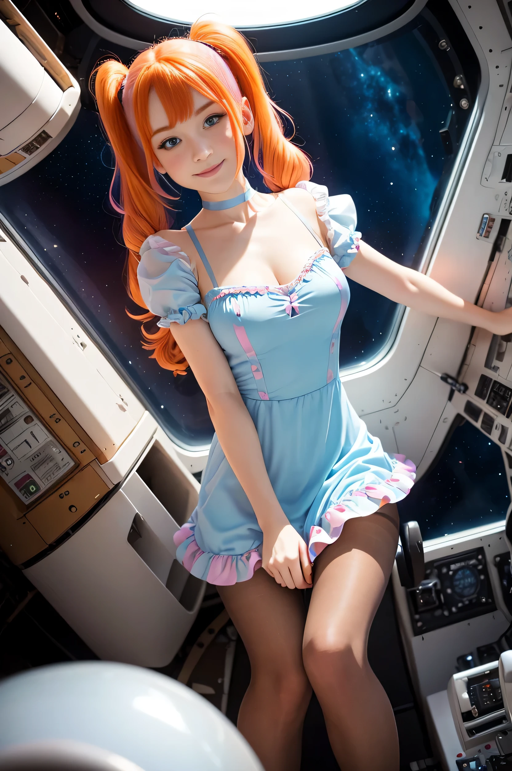 (overhead view) Cute redhead with rainbow colored hair tips, ribbons in her hair, 18-year-old woman, happy, smiling, in twin tails, perfect eyes, clear sparkling blue eyes, pale skin, silky smooth white skin, alabaster skin, flying a fancy metal luxurious space ship, futuristic cockpit, she's a pilot, outer space seen in windows, dark warm lighting, wearing a futuristic (chemise) party dress, low cut top, pleated (chemise) mini dress (pastel rainbow colors, and polka dots), puffy sleeves, ((also wearing tan pantyhose on her legs: 1.2)).