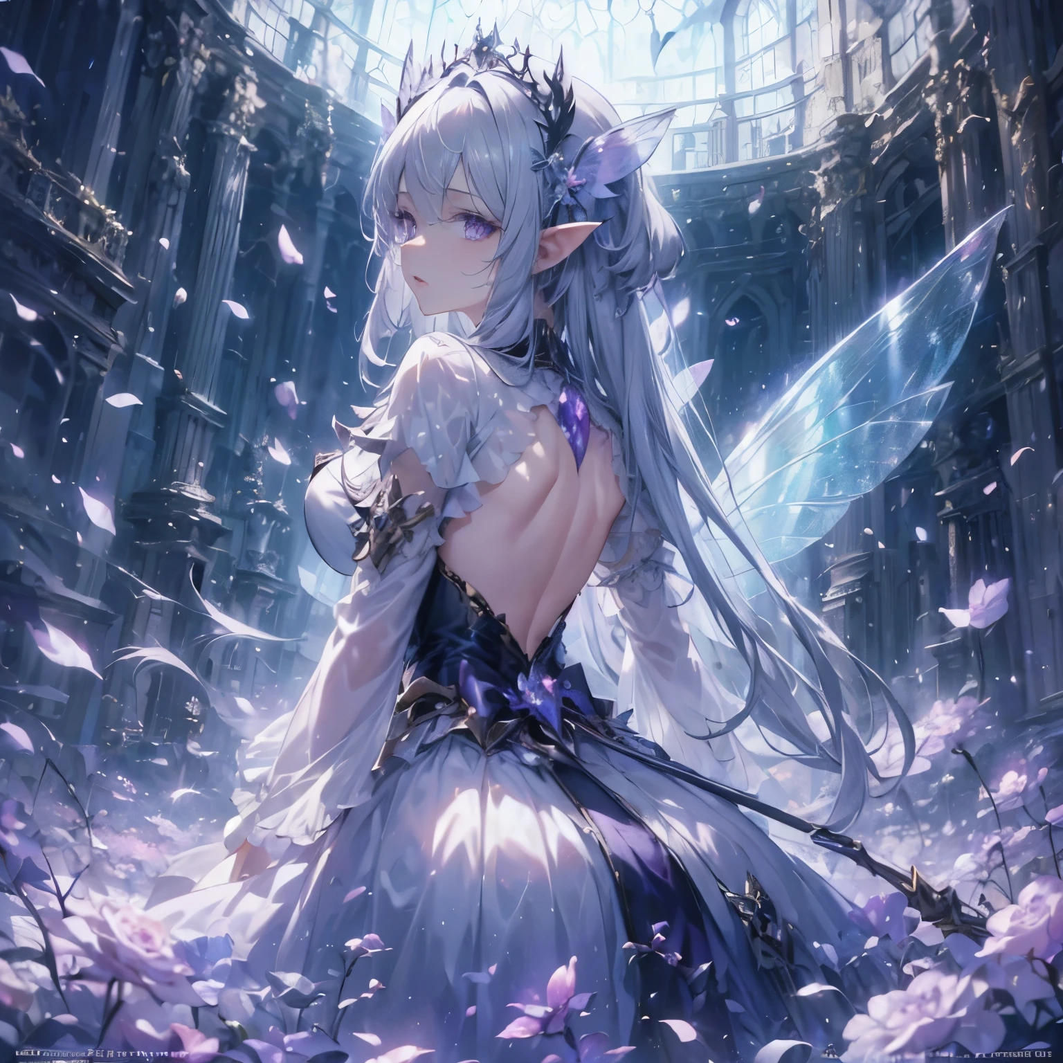 Emilia princess from Re:Zero kara Hajimeru Isekai Seikatsu, half elf, ((gorgeous white and purple elegant silk wedding dress, holding a bunch of clematis, silk accesory, veil, silver necklace, diamond ring, flower earring, belt, collar, silver crown, silk long sleeves)), grace hair style, garden background, ((perfect body shape, medium breast, empress and forzen aura, flower and feather flying effect, clean detailed skin, silver and light purple pupil, blush)),  best quality anime 16k wallpaper quality, extreme eye and body detail, spiral energetic girl, spirit around, high resolution , masterpieces, ultra lighting,
