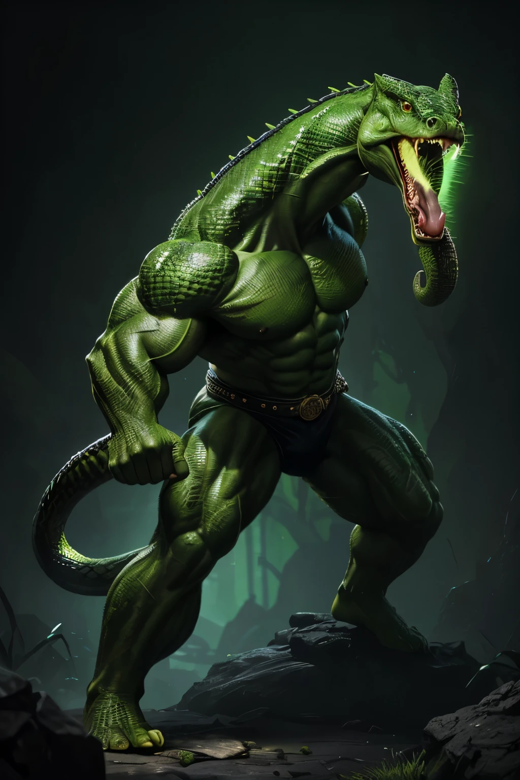 A menacing hulk of a snake, standing tall in a lush, emerald green environment, with muscles bulging from its scaly body, eyes glowing with a dangerous intensity, tongue flickering out in a threatening display, teeth bared, exuding an aura of raw power and primal strength, high definition, hyperrealistic rendering, vivid textures, detailed texture mapping, seamless background integration, isometric perspective, splash art style, 8k resolution.