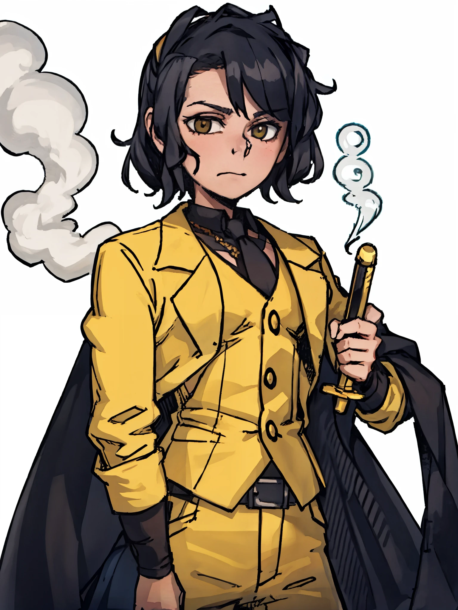 ((an old man)),front,Half body,black hair,yellow suit，smokes，Sword and magic style，Different world，middle Ages，White background