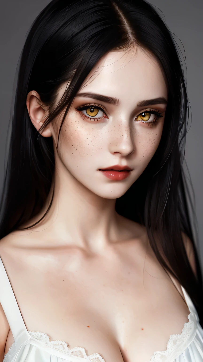 (best quality, hyperdetailed photography:1.2), beautiful lady, freckles, yellow eyes, black hair, pale skin,dark makeup, soft light, head and breast portrait, cover, (detailed beautiful face, detail skin texture, ultra-detailed body:1.1) sexy vampire girl,