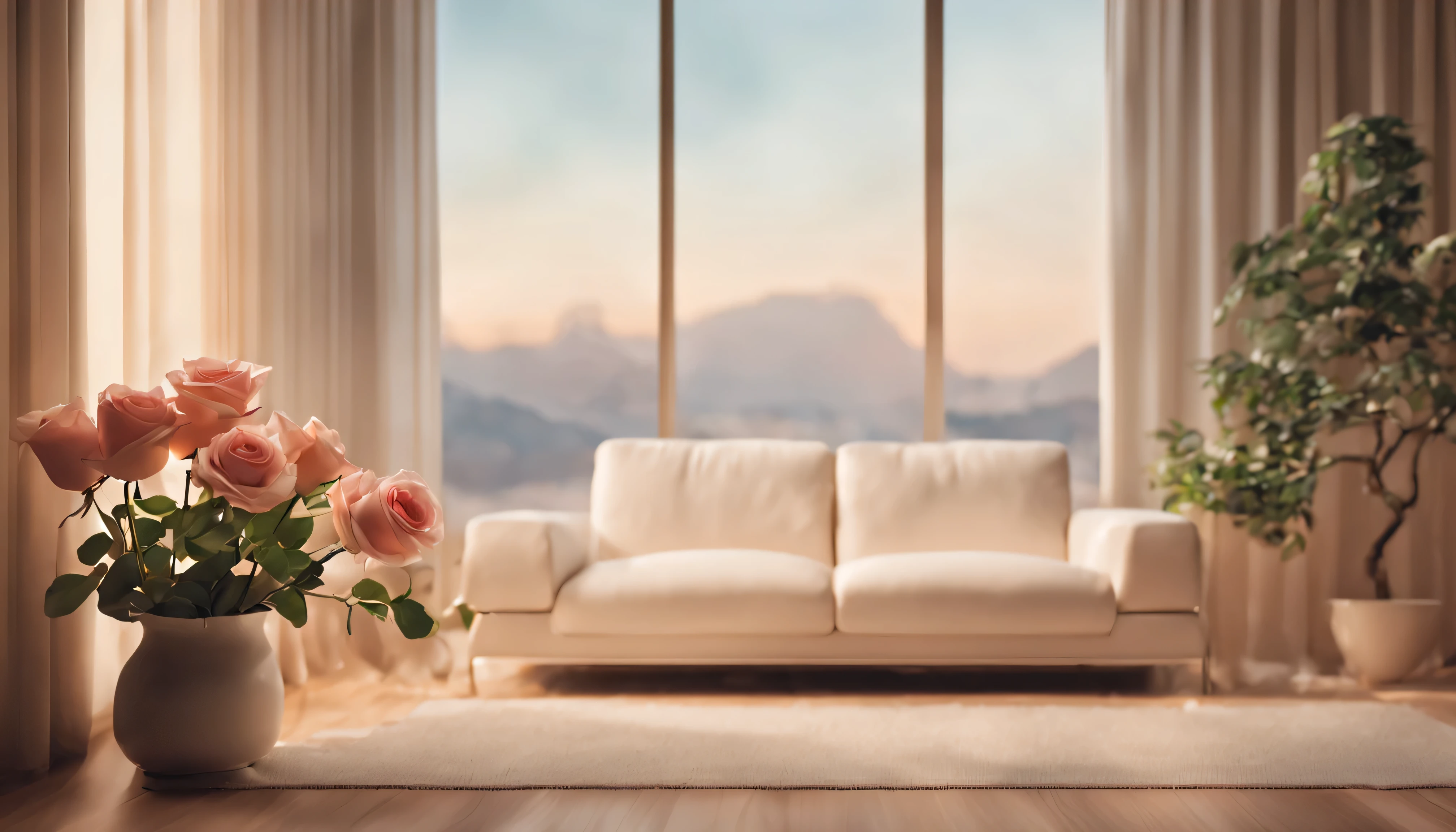桌子上有束Rose花和一瓶香水, retro and, passage of time, passage of time, romantic style, flowers and perfume, Rose, night setting, beautiful wallpaper, romantic theme, Elegant composition concept art, , Luminism, Ray tracing, contour, Vignetting, Mail, First-person perspective, Wide-angle lens, ultra high definition, anatomically correct, Super details, best quality milky white comfortable personalized single sofa in the living room .planting.(best quality,4k,8k,high resolution,masterpiece:1.2),super detailed,(actual,photoactual,photo-actual:1.37),coffee
