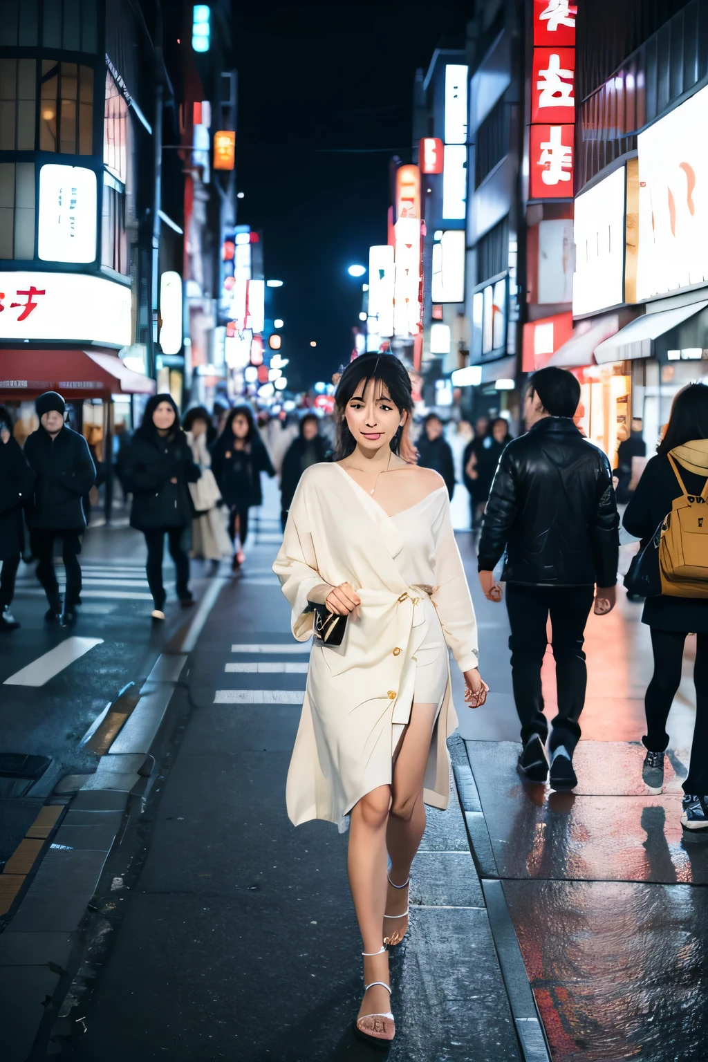 A woman walks on the streets of Tokyo at night