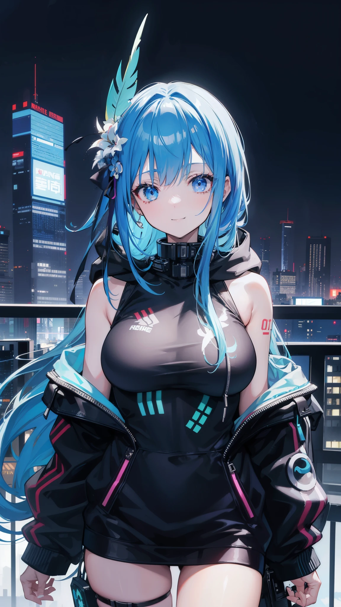 (masutepiece), Best Quality, 超A high resolution,, Cyberpunk 1 girl flies over stunning cityscapes ,Hoodie,Blue hair, neon color流れ星, Very long hair, off shoulders, feathers hair ornament, neon color, flashes, stunning night sky, Cinematic lighting, Photorealistic, Realistic skin, Fisheye, (32k), smile,