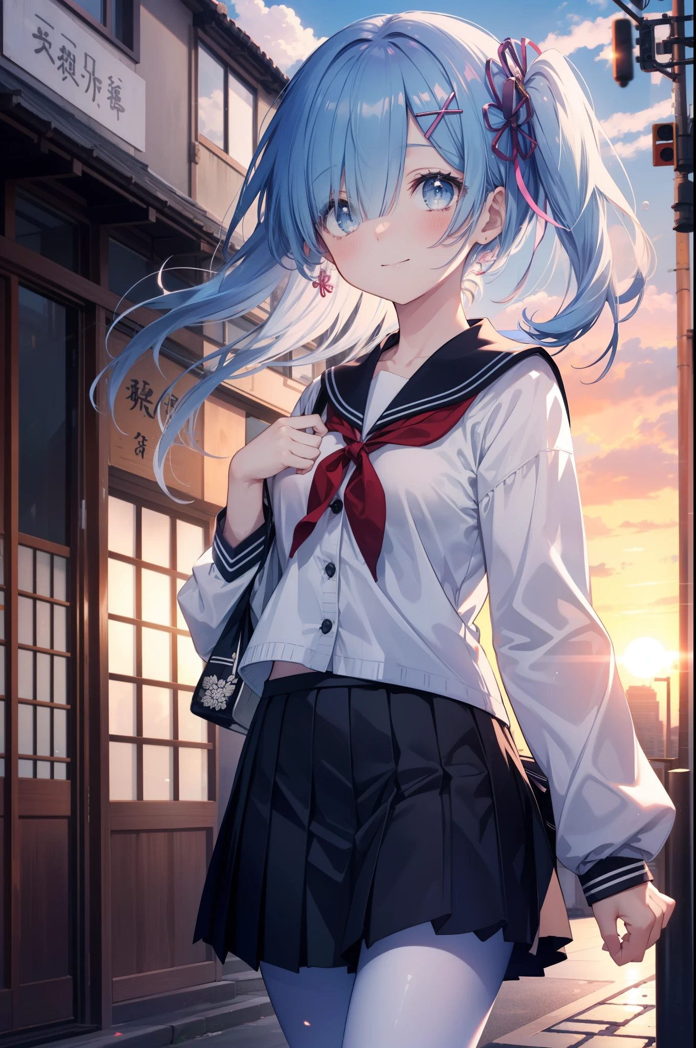 rezeroRem, Rem, blue eyes, blue hair, hair ornaments, hair above one eye, hair ribbon, long hair, x hair ornaments,side ponytail,blush,smile,japanese high school girl uniform(sailor summer clothes),blue summer cardigan There is an open front,black pleated skirt,white pantyhose,brown loafers,evening,sunset,下校中
break outdoors, In town,building street,
break looking at viewer looking up from below, (cowboy shot:1. 5)
break (masterpiece:1.2), highest quality, High resolution, unity 8k wallpaper, (figure:0.8), (detailed and beautiful eyes:1.6), extRemely detailed face, perfect lighting, extRemely detailed CG, (perfect hands, perfect anatomy),