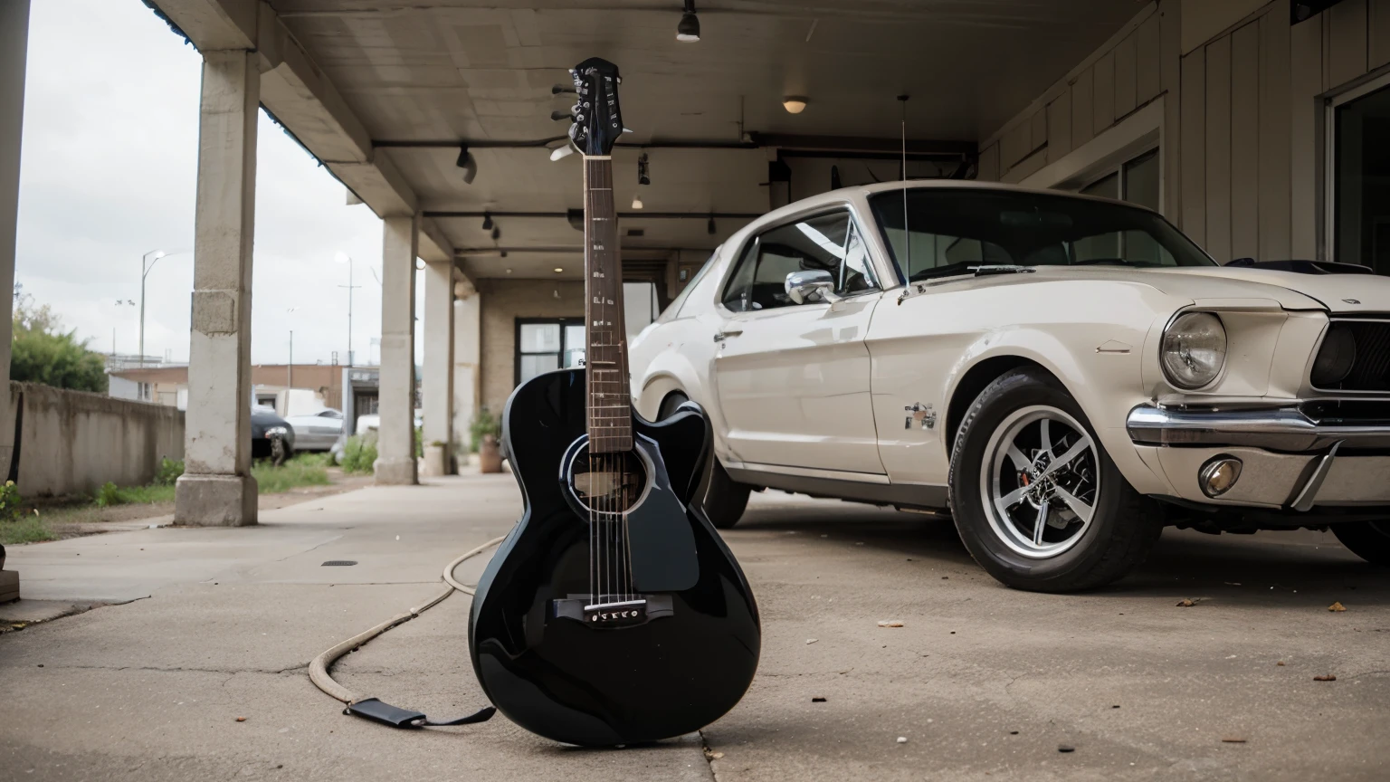 A black acoustic guitar is leaning against the fender of an old black Ford mustang gt500 '67