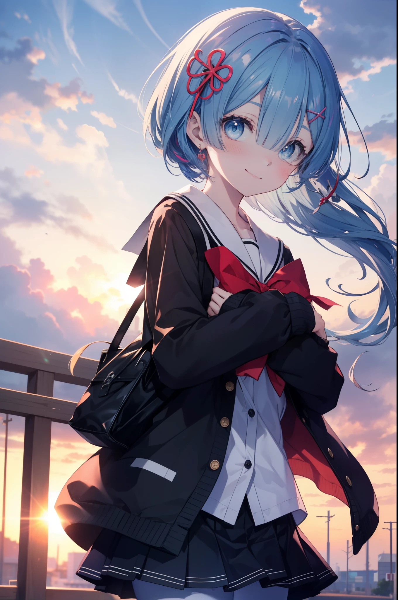 rezeroRem, Rem, blue eyes, blue hair, hair ornaments, hair above one eye, hair ribbon, long hair, x hair ornaments,side ponytail,blush,smile,japanese high school girl uniform(sailor summer clothes),blue summer cardigan　There is an open front,black pleated skirt,white pantyhose,brown loafers,evening,sunset,下校中
break outdoors, In town,building street,
break looking at viewer　looking up from below, (cowboy shot:1. 5)
break (masterpiece:1.2), highest quality, High resolution, unity 8k wallpaper, (figure:0.8), (detailed and beautiful eyes:1.6), extRemely detailed face, perfect lighting, extRemely detailed CG, (perfect hands, perfect anatomy),