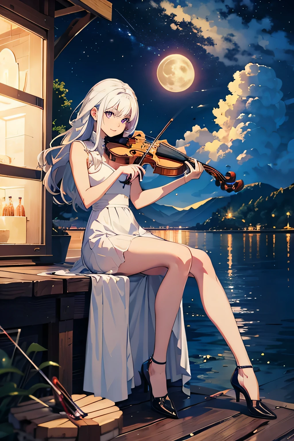masterpiece, best quality, 1 girl, whole body,white hair,long hair,purple eyes, slim,thin legs,playing violin,white dress,night,moon,shooting star,cloud,lakeshore,