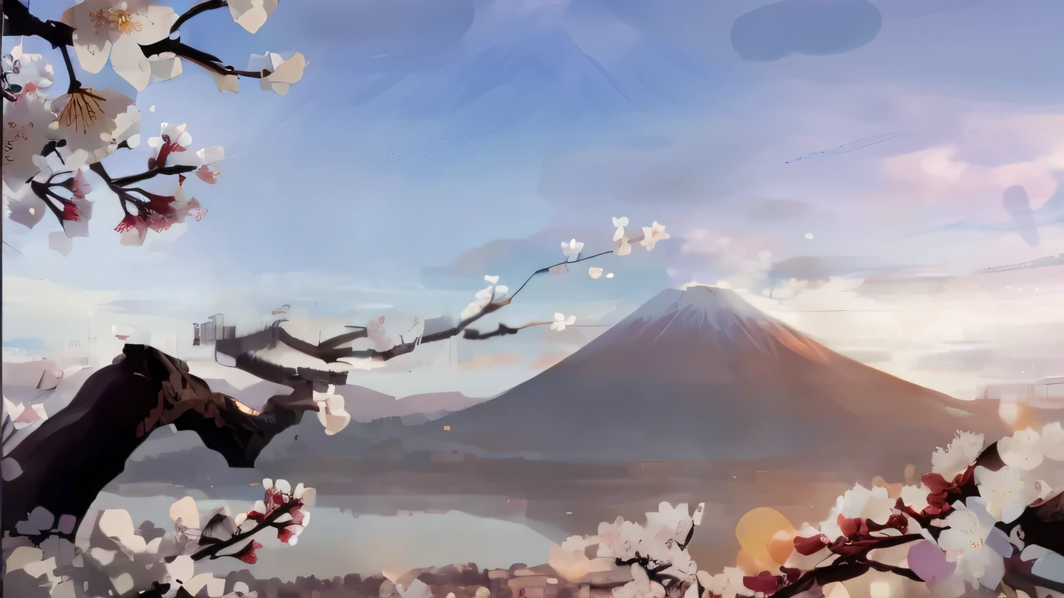 There is a photo of a mountain，There is a cherry blossom tree in the foreground, There is a lake in the middle，inspired by jose, Painting in animation artist studio, Mount Fuji background, Anime landscape, Produced by Anime Painter Studio, high detail. digital painting, high detail numbers, Inspired by Goro Fujita, background artwork, True reflection，best quality