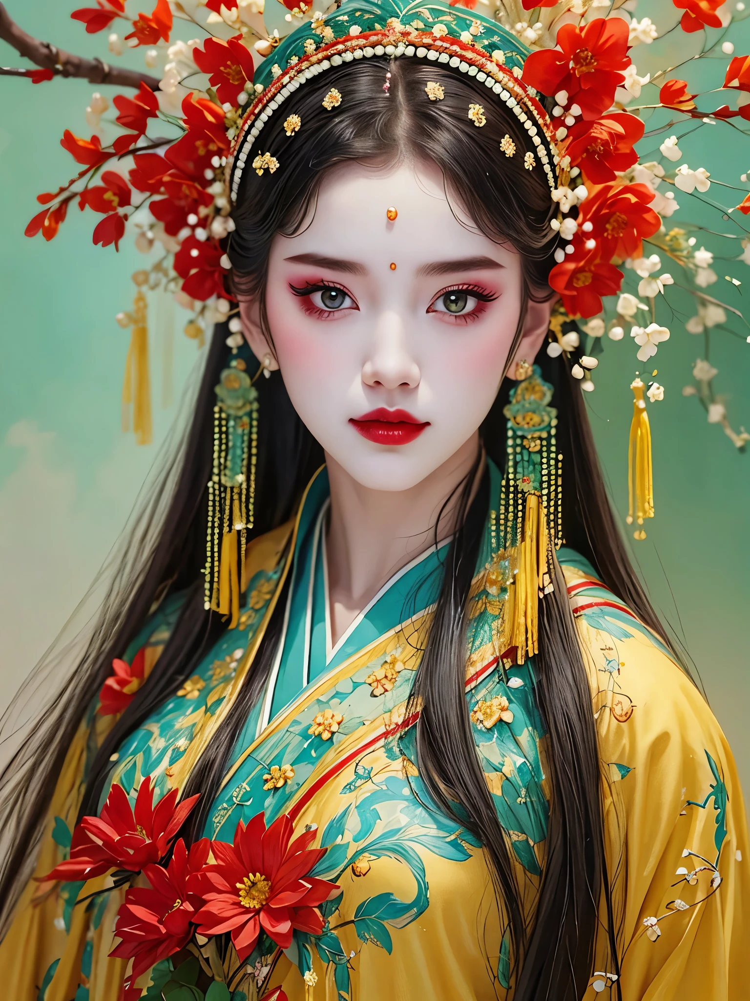 (masterpiece, best quality:1.2),1 girl,beautiful，portrait，Chinese Peking Opera，Gorgeous costumes，Exquisite headdress，flower headdress，tassel，pearl，clean background，blue，Red，green