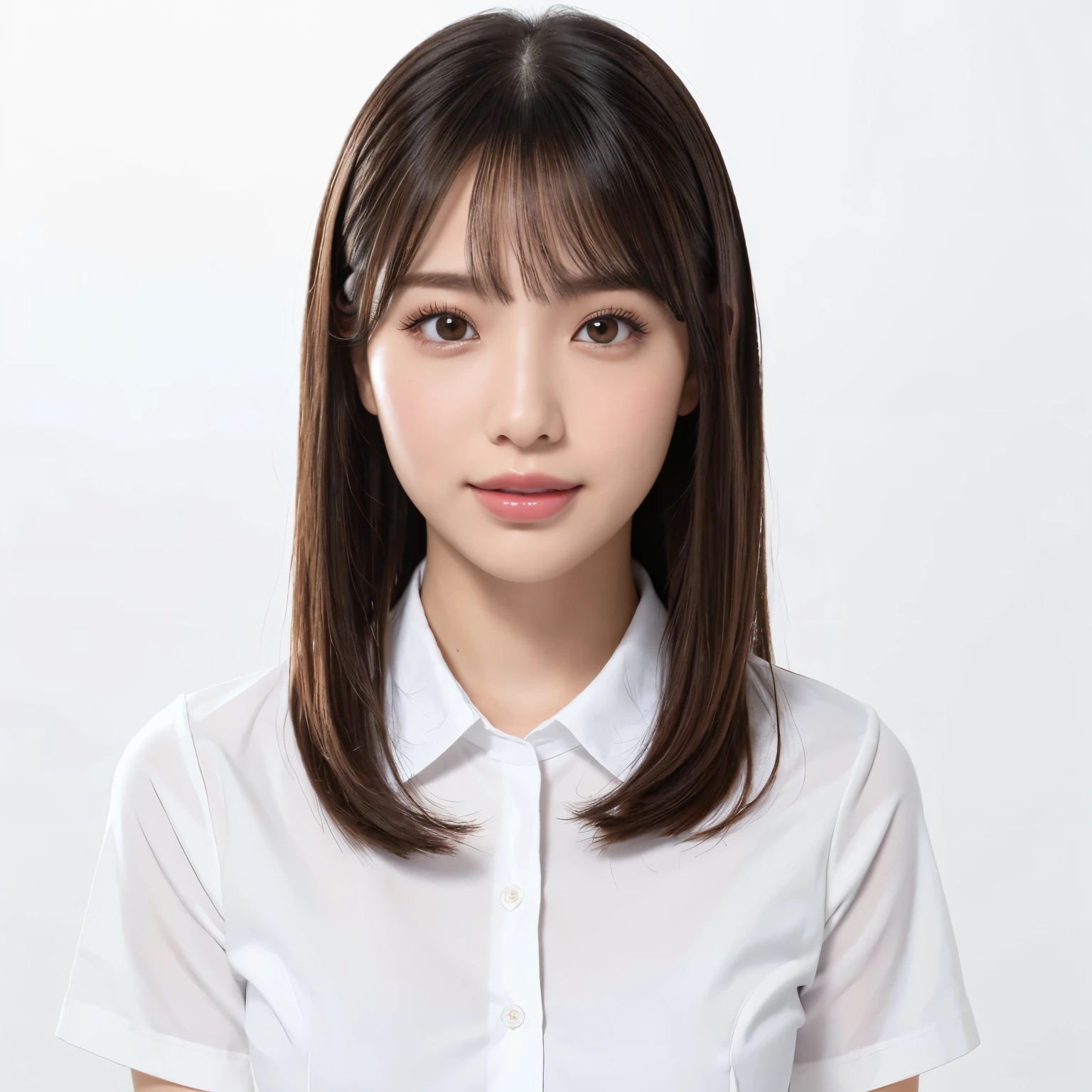 (highest quality、table top、8k、best image quality、Award-winning work)、one cute high school girl、(solo:1.1)、straight medium hair、perfect bangs、(Perfect short sleeve collared polyester shirt:1.1)、(Polyester shirt with pointed collar:1.1)、(The perfect and most natural uniform ribbon:1.3)、(The simplest pure white background:1.3)、(Perfectly fixed to the front:1.1)、(very big breasts:1.2)、(emphasize body line:1.2)、close up of face、(Perfect frontal and horizontal portrait of a woman with adequate white space:1.2)、(Depicting a woman perfectly horizontally and frontally:1.2)、beautiful and detailed eyes、look at me and smile、(Upright photo from the chest up:1.2)、(Please turn and look straight at me:1.2)、perfect makeup、Ultra high definition beauty face、ultra high definition hair、Super high-definition sparkling eyes、Super high resolution glossy lips、accurate anatomy、very beautiful skin、(Super high-definition sparkling pure white skin:1.1)、Graceful upright posture seen from the front、(very bright:1.1)
