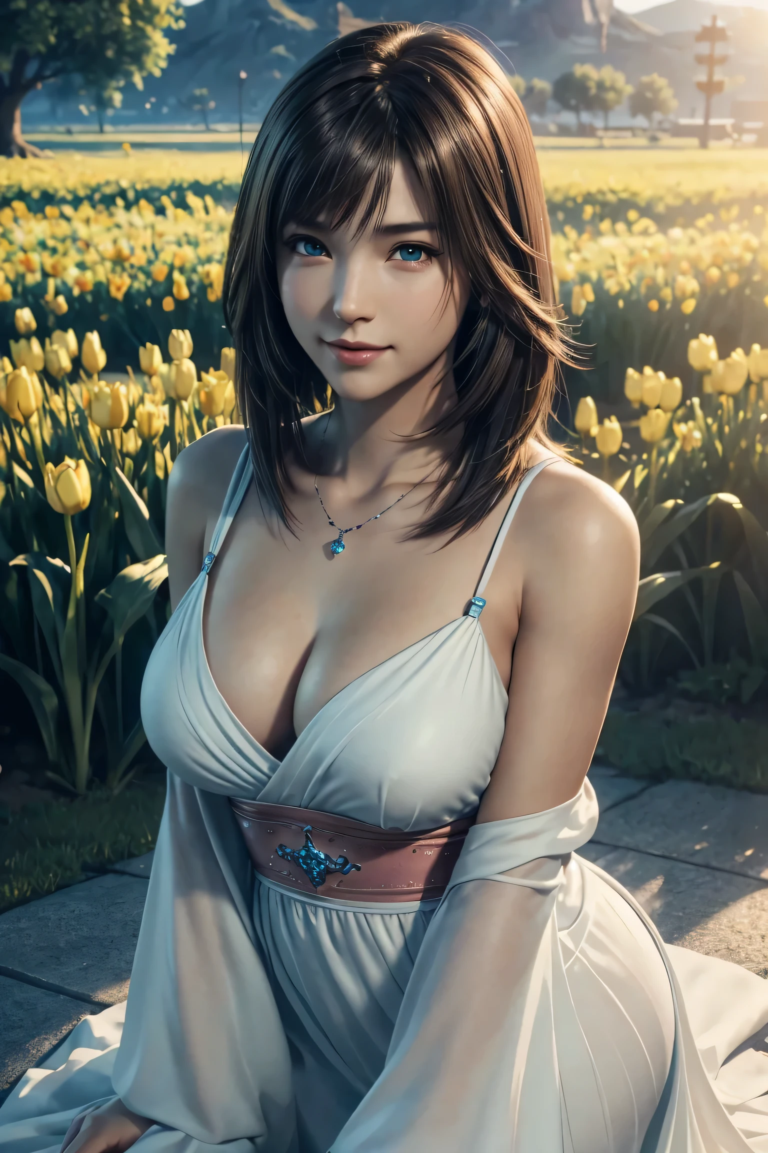 the best thing,Yuna,Final Fantasy 10,FF10,medium hair,brown hair,let down the bangs,Beautiful green and blue odd eyes,,beautiful and high nose,white ruffle dress,realistic,Super high quality,high quality,masterpiece,digital single lens reflex,Detailed details,exquisite details,based on anatomical basis,depicted in detail,detailed face,realistic skin texture,vivid details,perfect anatomy,perfect anatomy,anatomically correct hand,anatomically correct fingers,Super detailed,Complex 3D rendering,Huge ,sexy pose,美しいFinal Fantasy 10の世界観,The morning sun is beautiful,Amazing blue sky,beautiful blue tulip field,beauty like a painting,Take a full body photo,nine heads and bodies,pink lip,emphasize the beautiful whole body,dull smile,