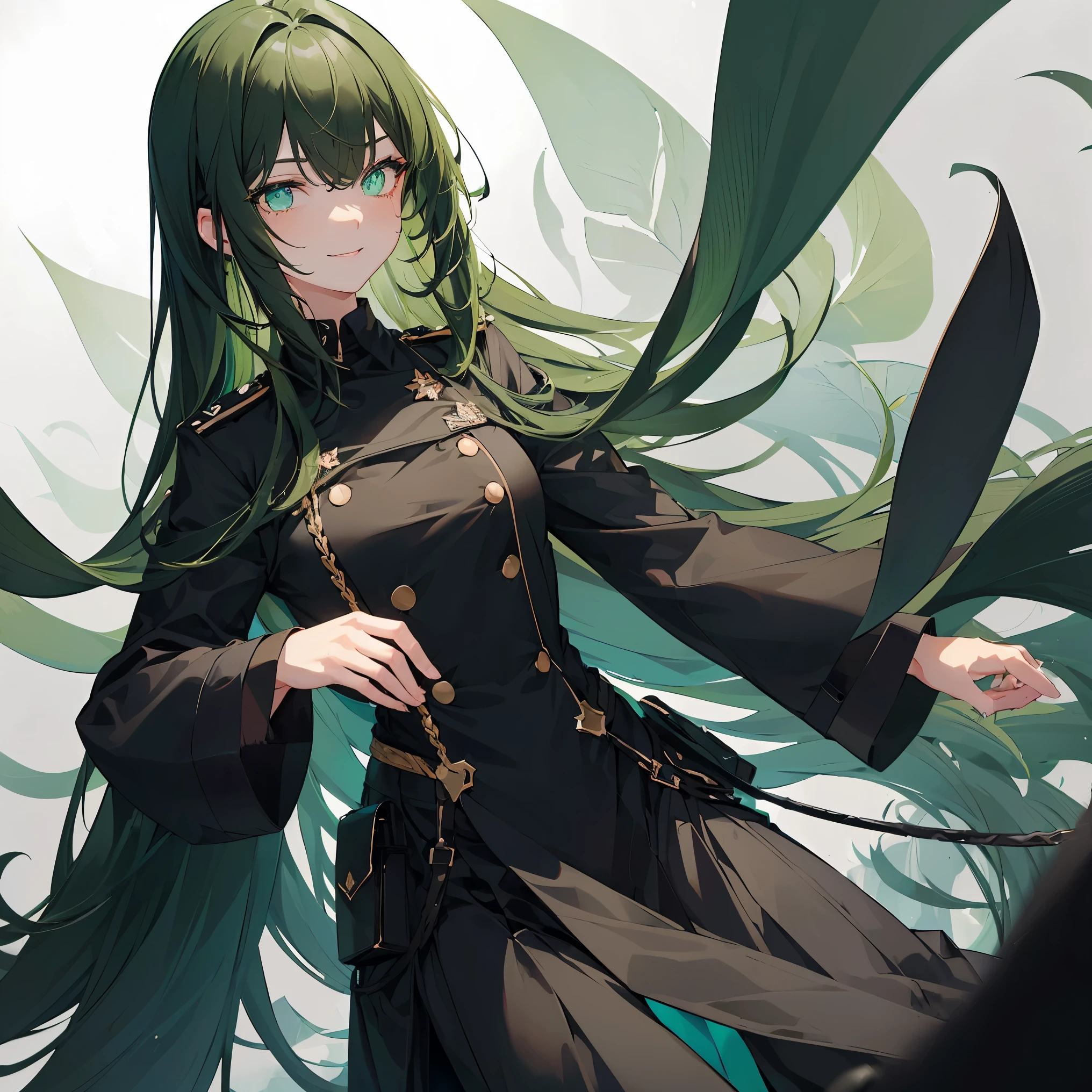 1 girl, ((dark green hair)), dark blue eyes, sharp eyes, ((black uniform)), cold face, black uniform, long hair, strong girl, smiling, white background, detailed eyes