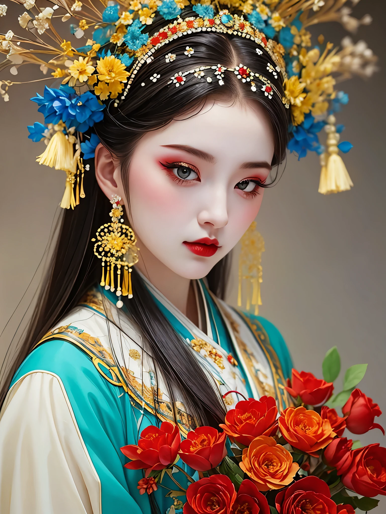 (masterpiece, best quality:1.2),（meticulous painting：1.5.）.(1 girl),beautiful，upper body portrait，look at camera，landscape on hair，A bouquet of flowers，landscape，Hanfu，Skin details， alone，Chinese Peking Opera，Gorgeous costumes，（Exaggerated and exquisite headdress，flower headdress，tassel，pearl），clean background，blue，Red，green