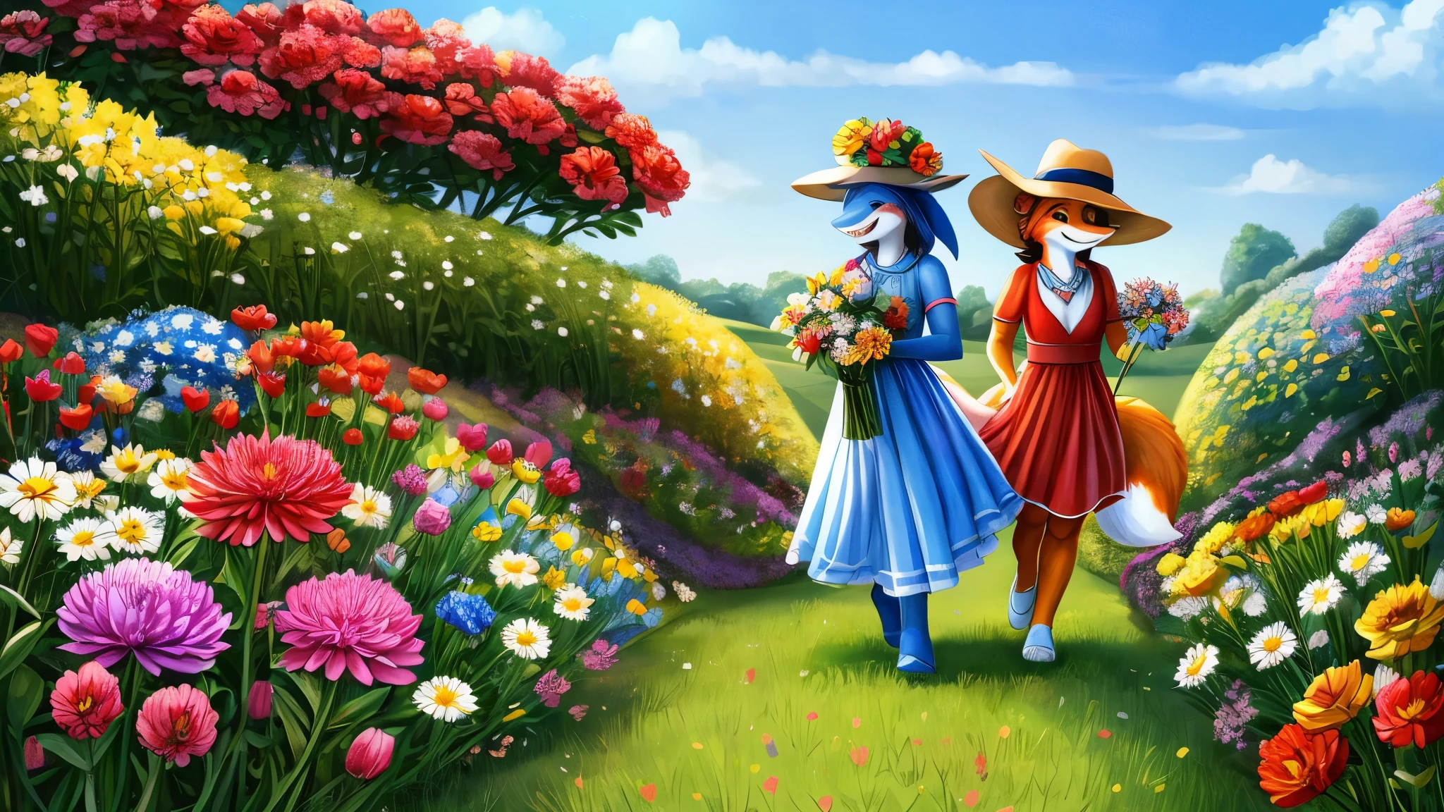 Multi-colored flowers grow on a large green lawn: roses, Tulips, daisies, dahlias and others. Two anthropomorphic girls run and play among them: blue shark and red fox. They are dressed in summer dresses and hats, and they have cameras hanging around their necks. They take pictures of each other and the flowers, laugh and hug. A shark holds a bouquet of white and blue flowers in his hands., and the fox is made of yellow and orange. They look happy and content.