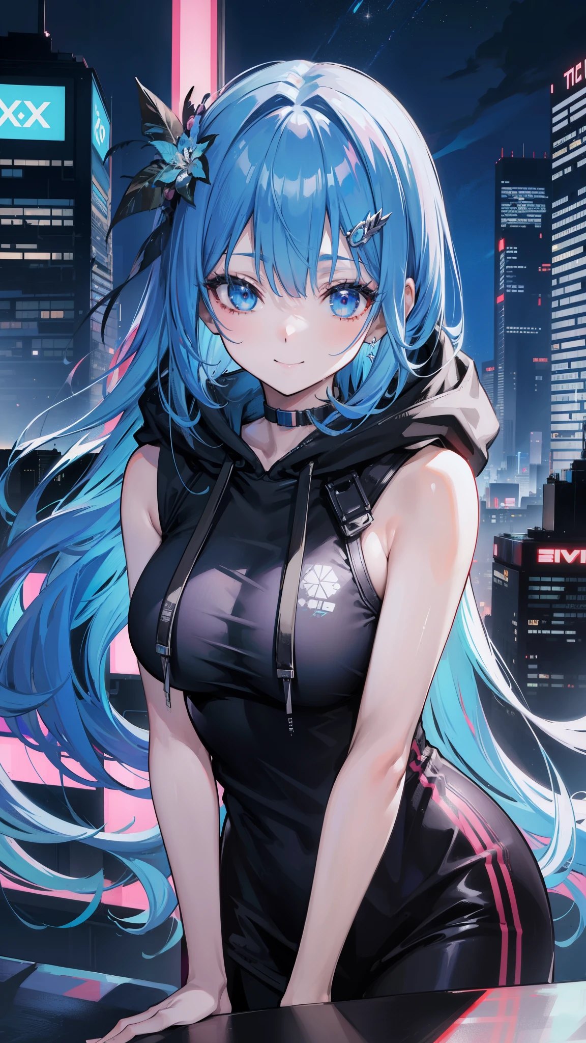 (masutepiece), Best Quality, 超A high resolution,, Cyberpunk 1 girl flies over stunning cityscapes ,Hoodie,Blue hair, neon color流れ星, Very long hair, off shoulders, feathers hair ornament, neon color, flashes, stunning night sky, Cinematic lighting, Photorealistic, Realistic skin, Fisheye, (32k), smile,