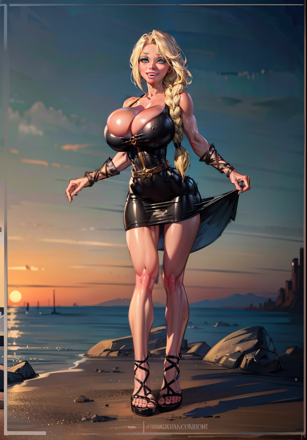((masterpiece)), Beach, 1girl, astridWaifu, (long hair, blonde, blue eyes, dress, braid:1.2), warm light, curvy, smile, :D, (slim waist, (gigantic breasts), (dynamic_angle), (dynamic_pose:1.2),
(detailed landscape:1.2), (dynamic_perspective:1.2),
(masterpiece:1.2), (best quality, highest quality), (ultra detailed), (8k, 4k, intricate), (full body:1), (highly detailed:1.2),(detailed face:1), (ambient light:1),(cinematic composition),(HDR:1),(perfect_anatomy:1.2),