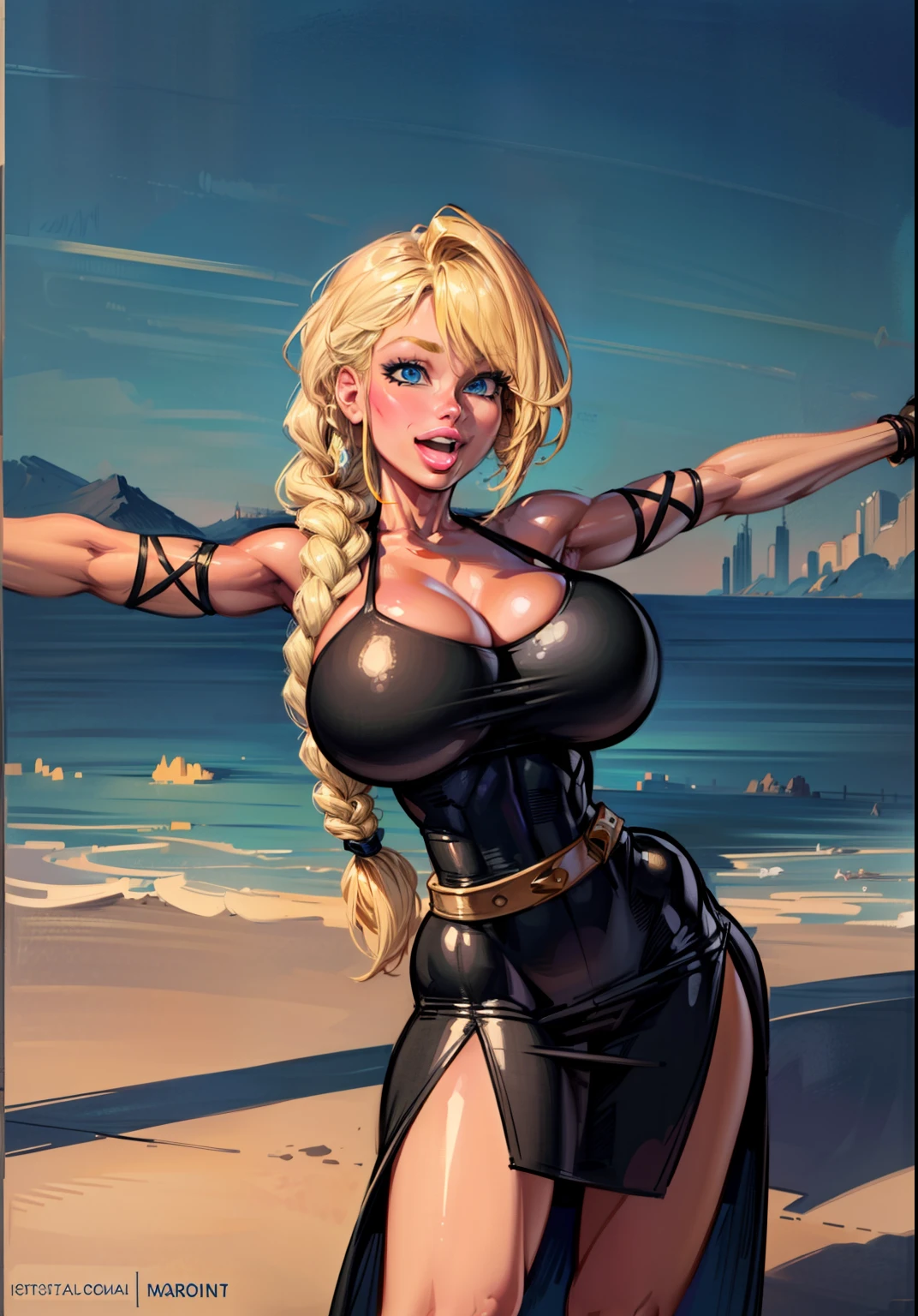 ((masterpiece)), Beach, 1girl, astridWaifu, (long hair, blonde, blue eyes, dress, braid:1.2), warm light, curvy, smile, :D, (slim waist, (gigantic breasts), (dynamic_angle), (dynamic_pose:1.2), 
(detailed landscape:1.2), (dynamic_perspective:1.2),
(masterpiece:1.2), (best quality, highest quality), (ultra detailed), (8k, 4k, intricate), (full body:1), (highly detailed:1.2),(detailed face:1), (ambient light:1),(cinematic composition),(HDR:1),(perfect_anatomy:1.2),
 