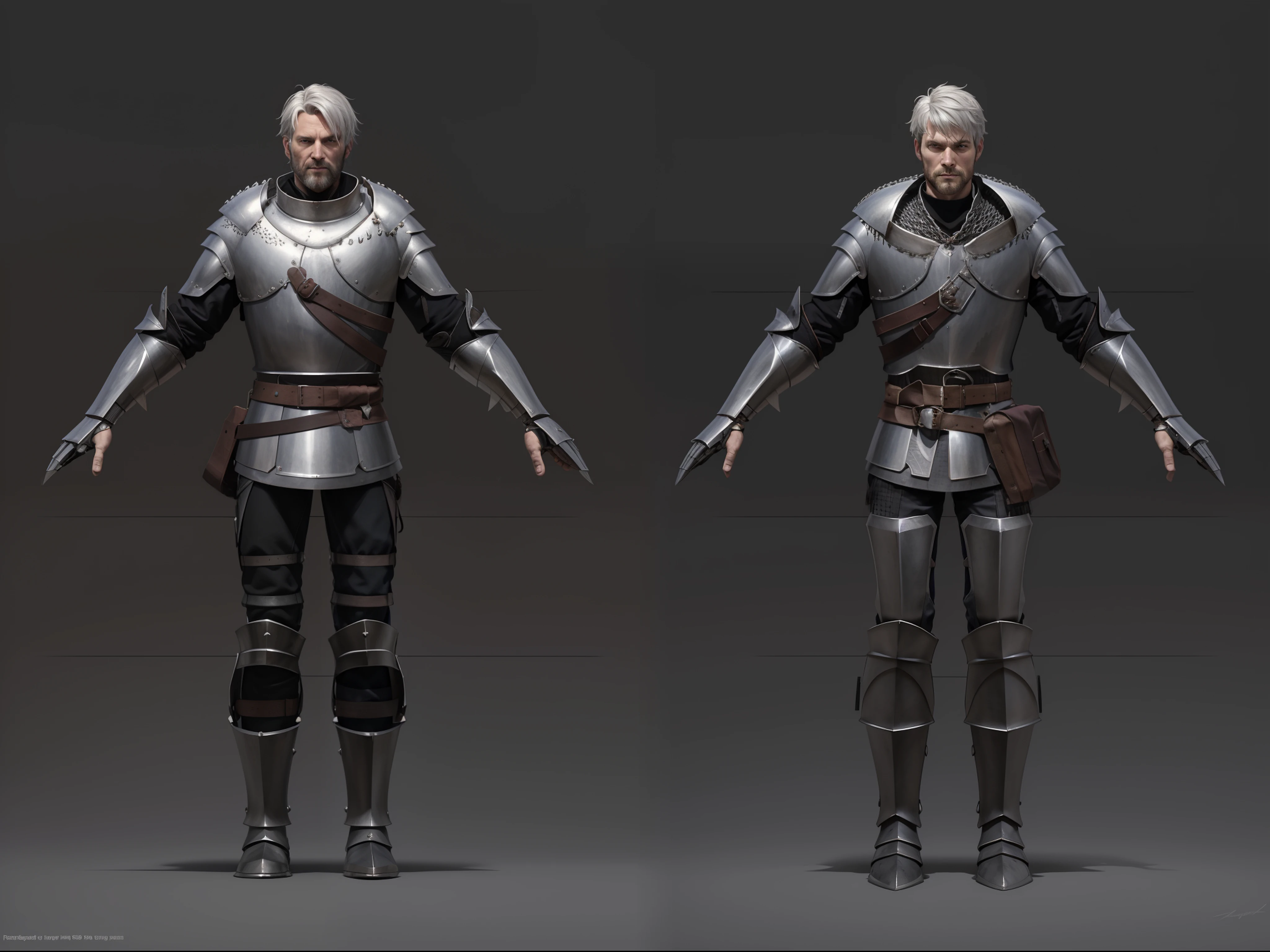 ( Realistic:1.33),(masterpiece:1.1),(highest quality:1.1),(HDR:1) a close up of a knight with moonlit armor , full body concept, detailed full body concept, medieval imperial knight style character, full body character concept, new costume concept design, full body details, detailed full body concept art, full character body, character model sheet turnaround, fullbody shot turnaround, concept character sheet, full body concept art, reference model sheet , full body concept art, medieval style character, game character design, concept character, full body character concept art, 3d character reference sheet, male, video game character concept, detailed character design, character sheet, character model sheet turnaround , front and back, front and back, Imperial knight armor, dark red costume, medieval red Gambeson, (leather belt, steel boot armor), gambeson, black leather belt, moonlit shoulder armor, grey clean background, 3D character,  Paladin wearing Silver Chain Armor with Moonlit Edge and black fur around collar
