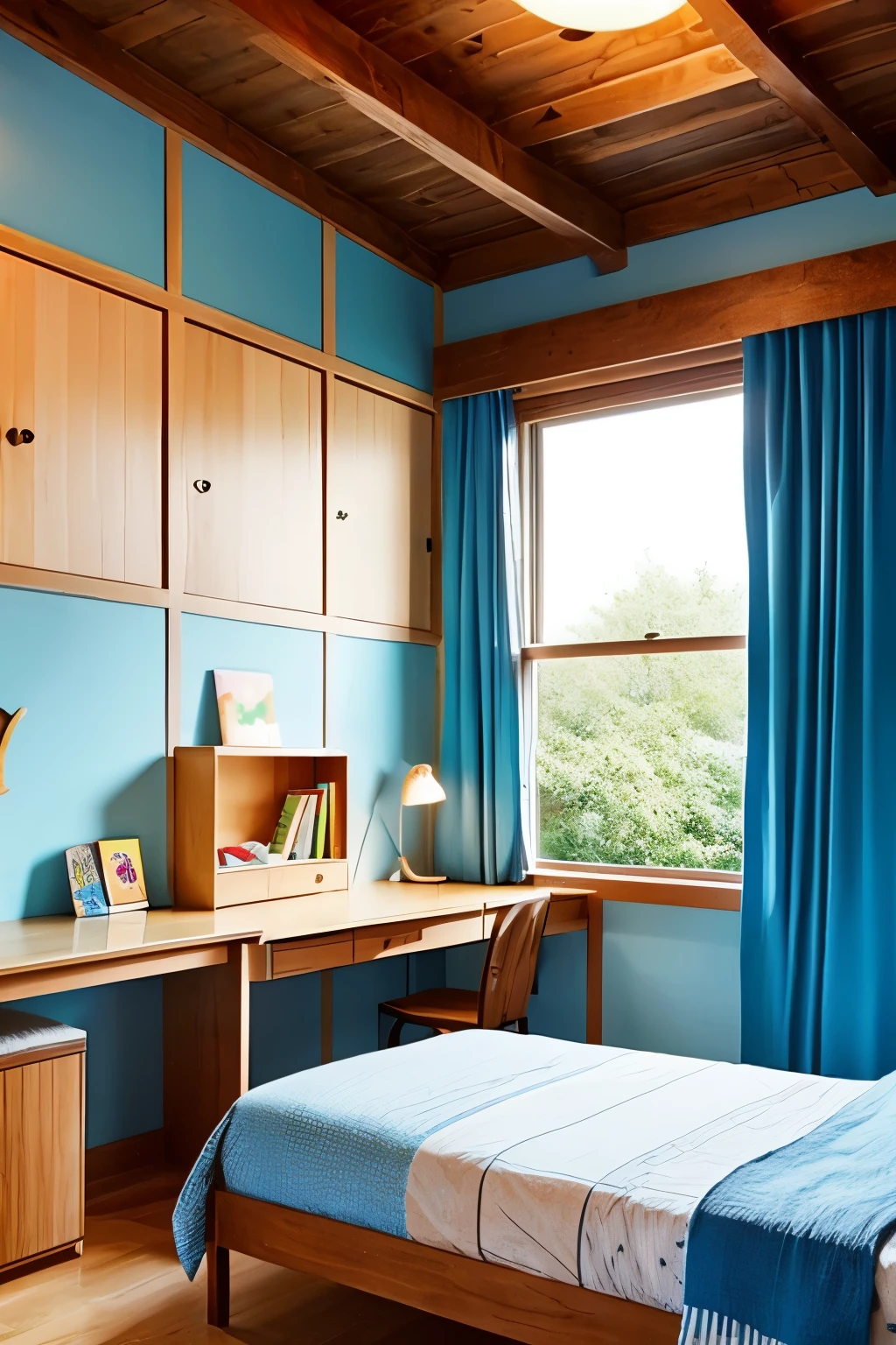 children&#39;s room settings, wooden bed, The wallpaper is sky blue，wooden desk，Large ceiling-to-floor windows、Sunlight shines，The floor is wood grain，
