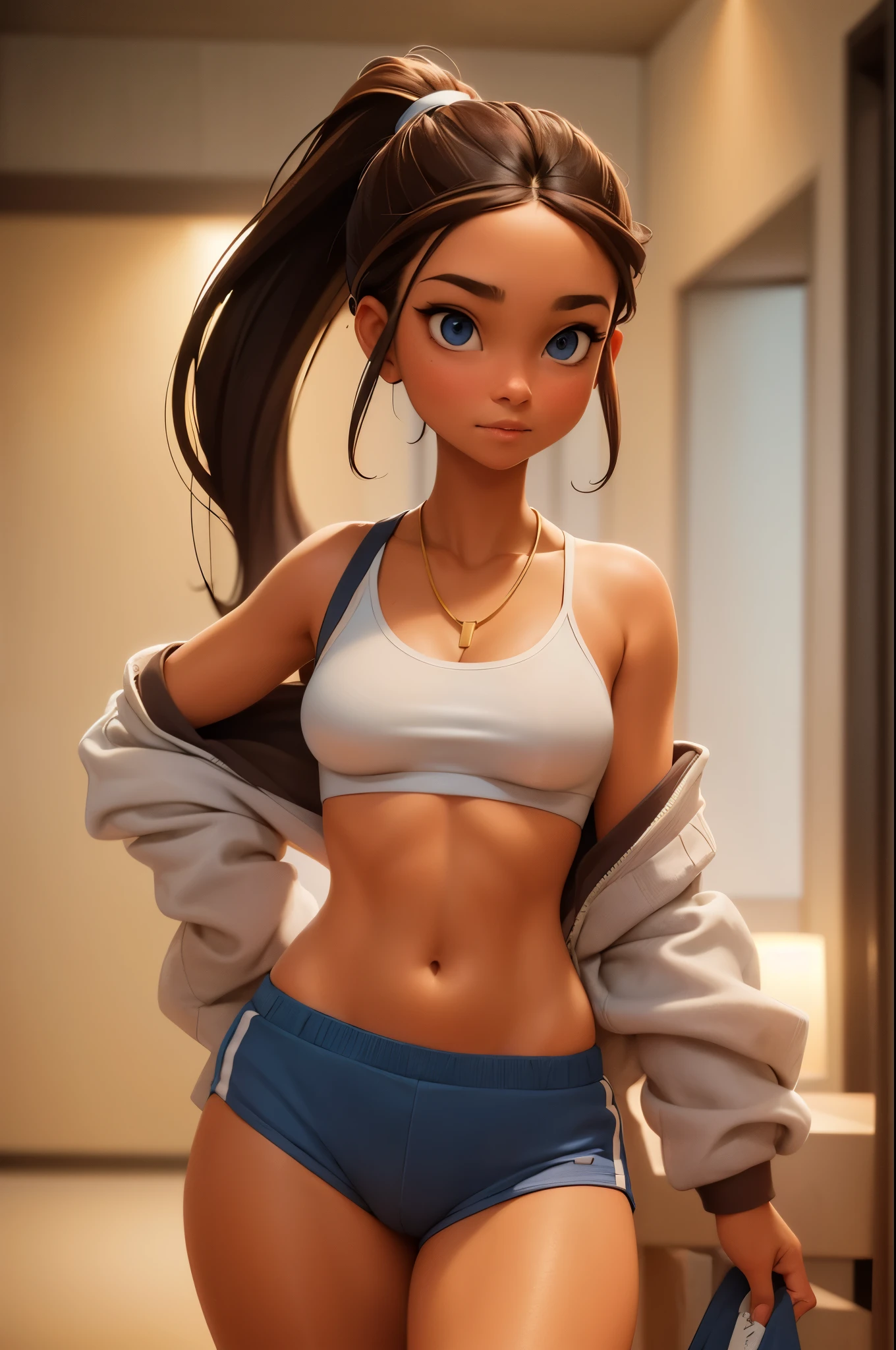 sexy 18 year old girl, blue eyes, brown hair, ponytail, sports bra, spandex short shorts, gold necklace, wrist watch