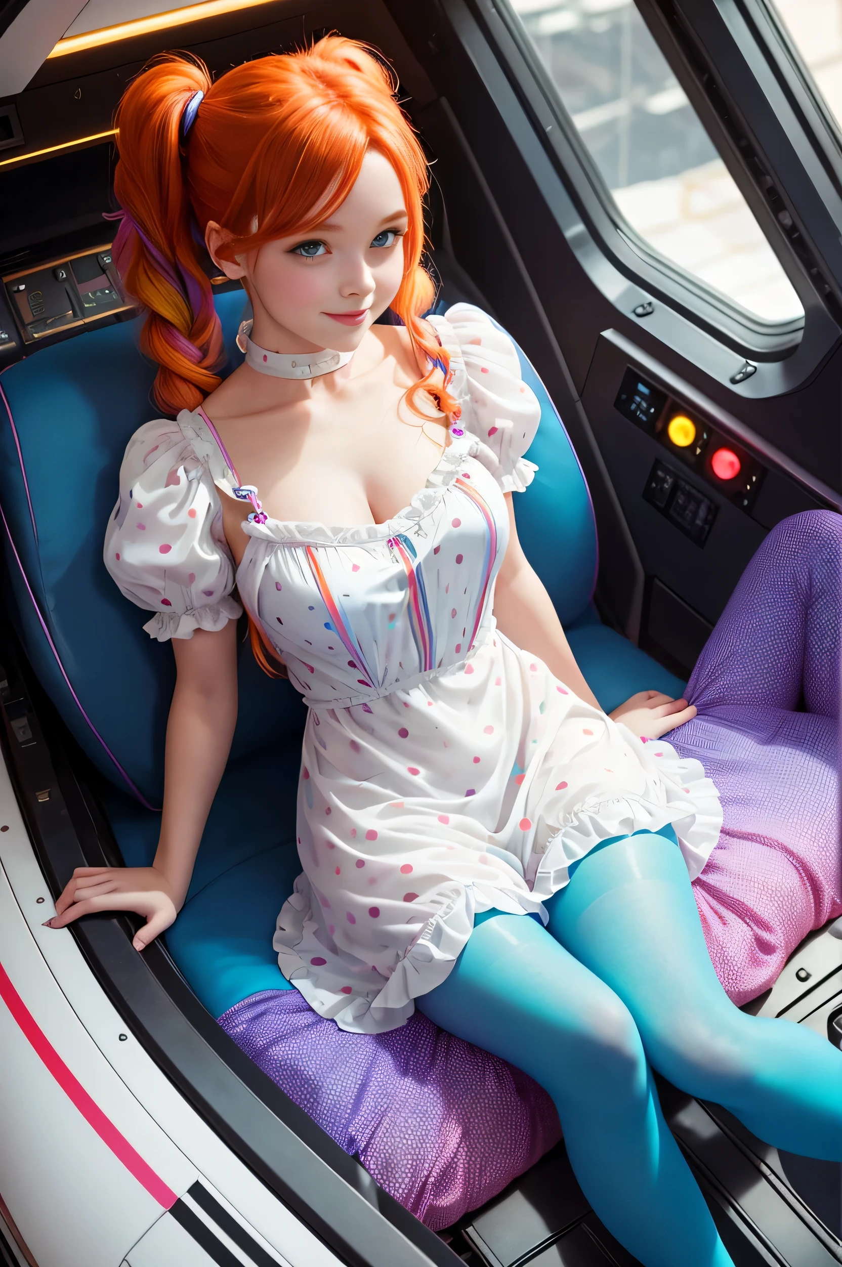 cute redhead 18-year-old woman, happy, in twin tails, perfect blue eyes, pale goth skin, silky smooth skin, standing on a space ship, wearing a pastel blue (sheer) nightgown, frilly nightgown, cute white panties and bra underneath her nightgown, white silk panties showing, wearing full body pantyhose.