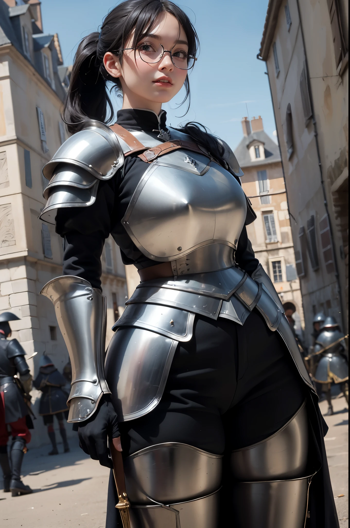 ((wide angle shot of the Hundred Years' War in France)), a beautiful woman, black hair in a ponytail, bangs, wearing glasses, wearing Jeanne d'Arc armor