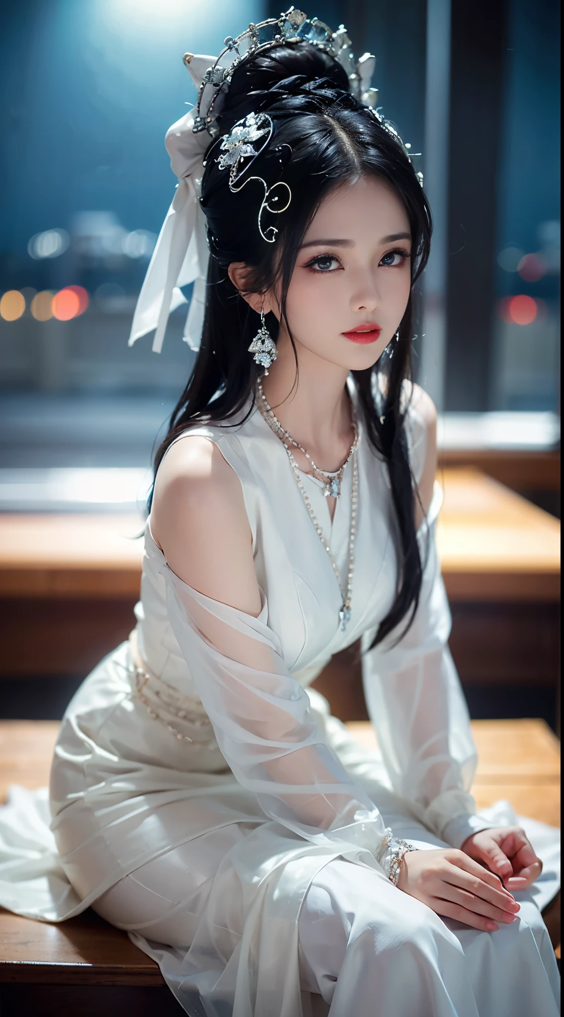 BAINV, ((Shot from random angles)), ((sitting position)), ((in the classroom, sitting on the podium)), (Yushuxin,1 girl,alone), clear face, pretty face, 8k, masterpiece, original photo, best quality, detail:1.2,lifelike, detail, Very detailed, CG, Unite, wallpaper, depth of field, movie light, lens flare, Ray tracing, (extremely beautiful face, beautiful lips, beautiful eyes), complex, detail的脸, ((ultra detailed skin)), 1 girl, in the darkness, deep shadow, beautiful girl, pop idol,(Very slim figure:1.3), plump breasts, big breasts, Slender sexy legs, very nice legs, elegant posture, (bright smile), (City night, (neon lights), (night), beautiful girl, white diamond earrings, diameter bracelet, Dia Necklace, clear eyes, (big eyes)