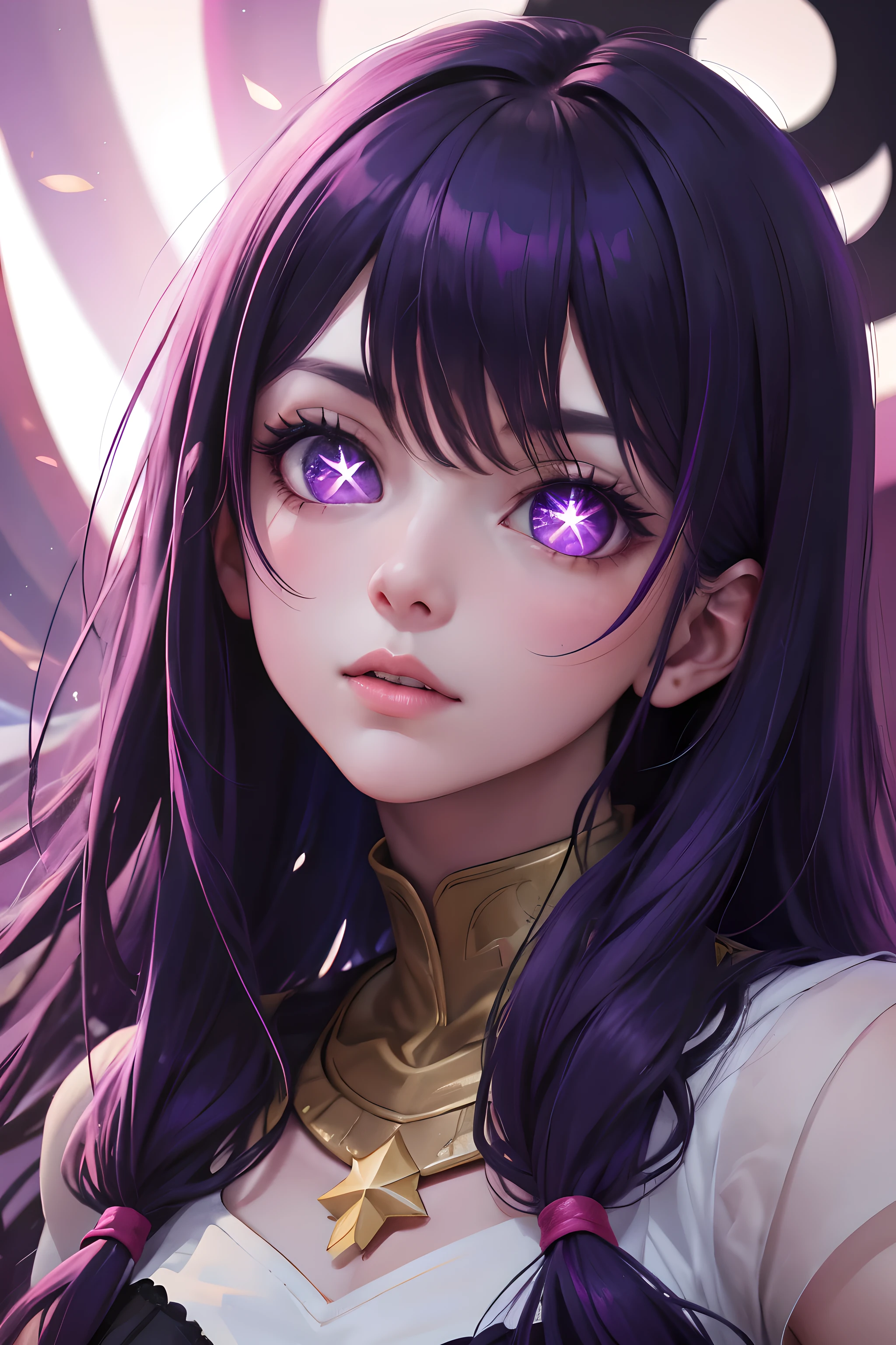 (highly detailed:1.3),upper body, 1girl, solo
Ai hoshino, pink gloves, jewellery, (star shaped eyes),(purple eyes:1.2), purple hair
Ultra-detail,(highres:1.1),best quality,(masterpiece:1.3),cinematic lighting,
(detailed face and eyes:1.3),