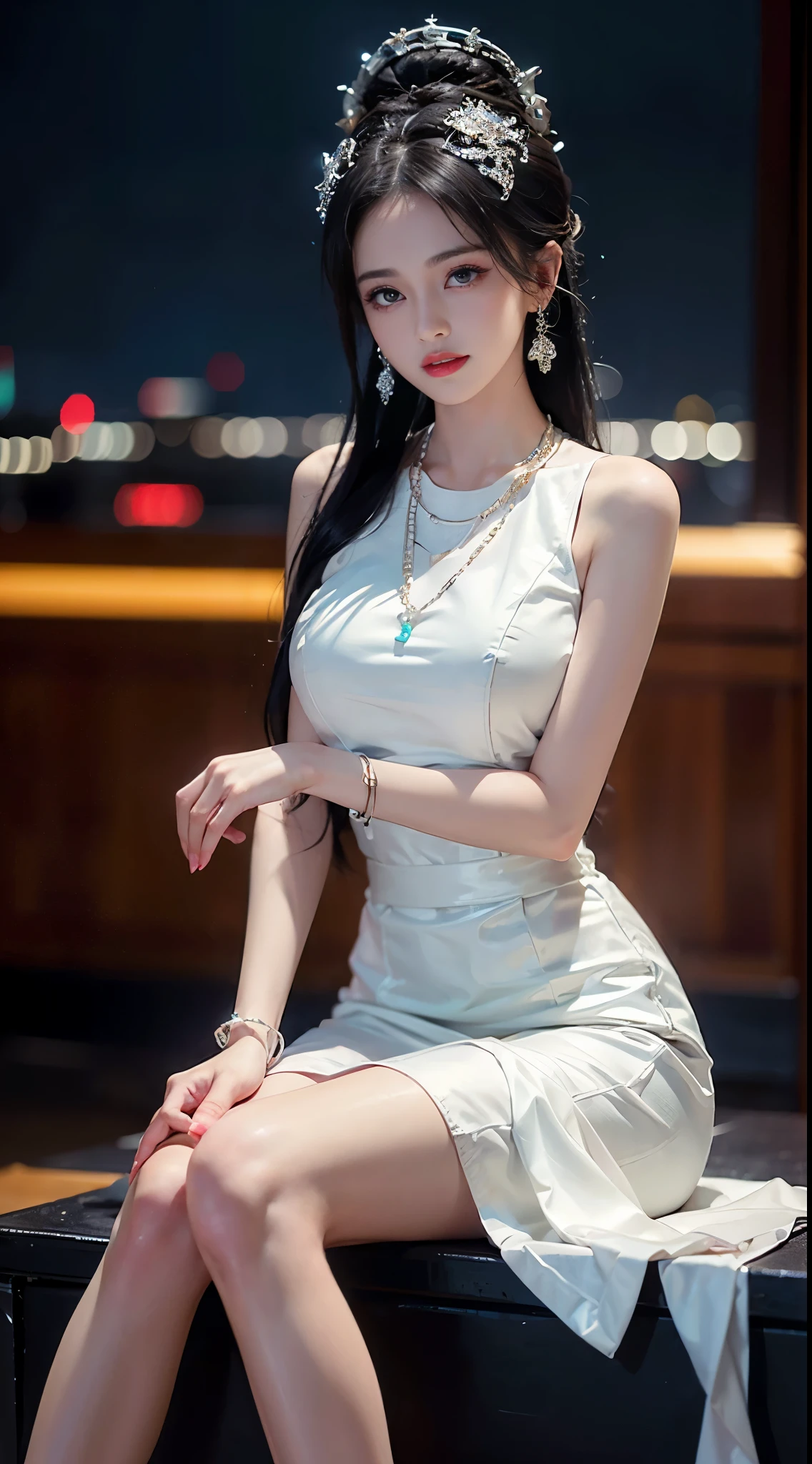 BAINV, ((Shot from random angles)), ((sitting position)), ((in the classroom, sitting on the podium)), (Yushuxin,1 girl,alone), clear face, pretty face, 8k, masterpiece, original photo, best quality, detail:1.2,lifelike, detail, Very detailed, CG, Unite, wallpaper, depth of field, movie light, lens flare, Ray tracing, (extremely beautiful face, beautiful lips, beautiful eyes), complex, detail的脸, ((ultra detailed skin)), 1 girl, in the darkness, deep shadow, beautiful girl, pop idol,(Very slim figure:1.3), plump breasts, big breasts, Slender sexy legs, very nice legs, elegant posture, (bright smile), (City night, (neon lights), (night), beautiful girl, white diamond earrings, diameter bracelet, Dia Necklace, clear eyes, (big eyes)