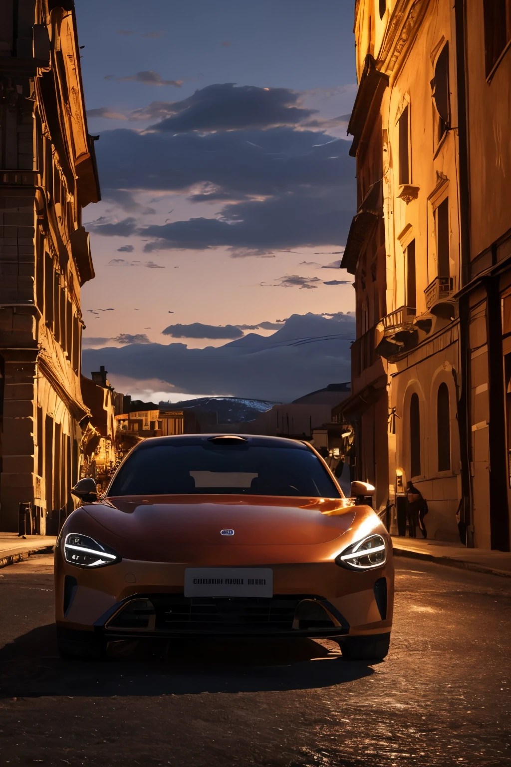 (masterpiece, best quality:1.2),XIAOMISU7，red metal body，Stop in Rome Italy at night，Mild moonshine，high quality，Fine details，wonderful night，Romantic，Artistic sense, Luxurious atmosphere，Car location shooting，Car promotional photos，4k